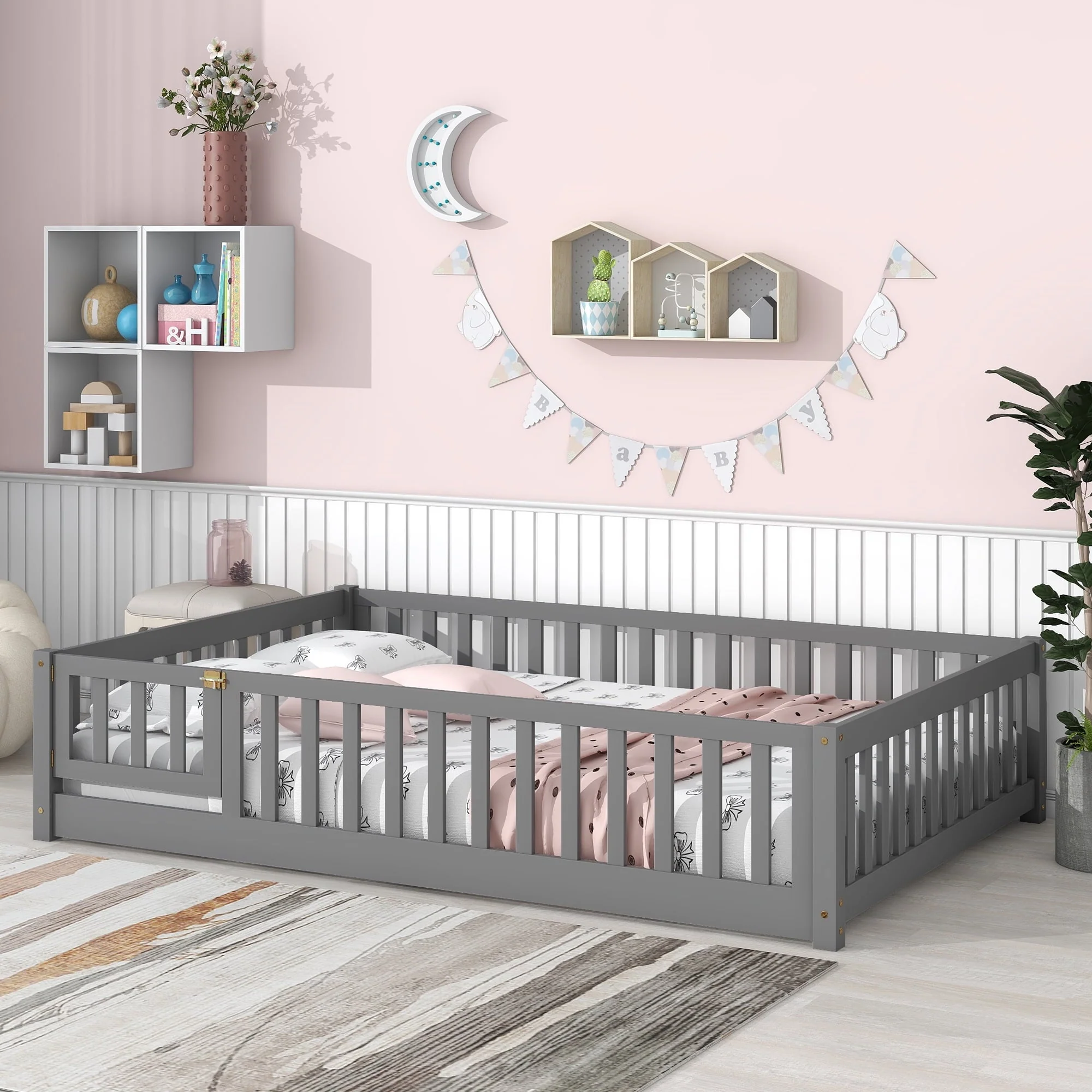 Full Size Wood Floor Bed Frame with Fence and Door for Kids, Toddlers, Gray(Twin/Gray) - Image 2