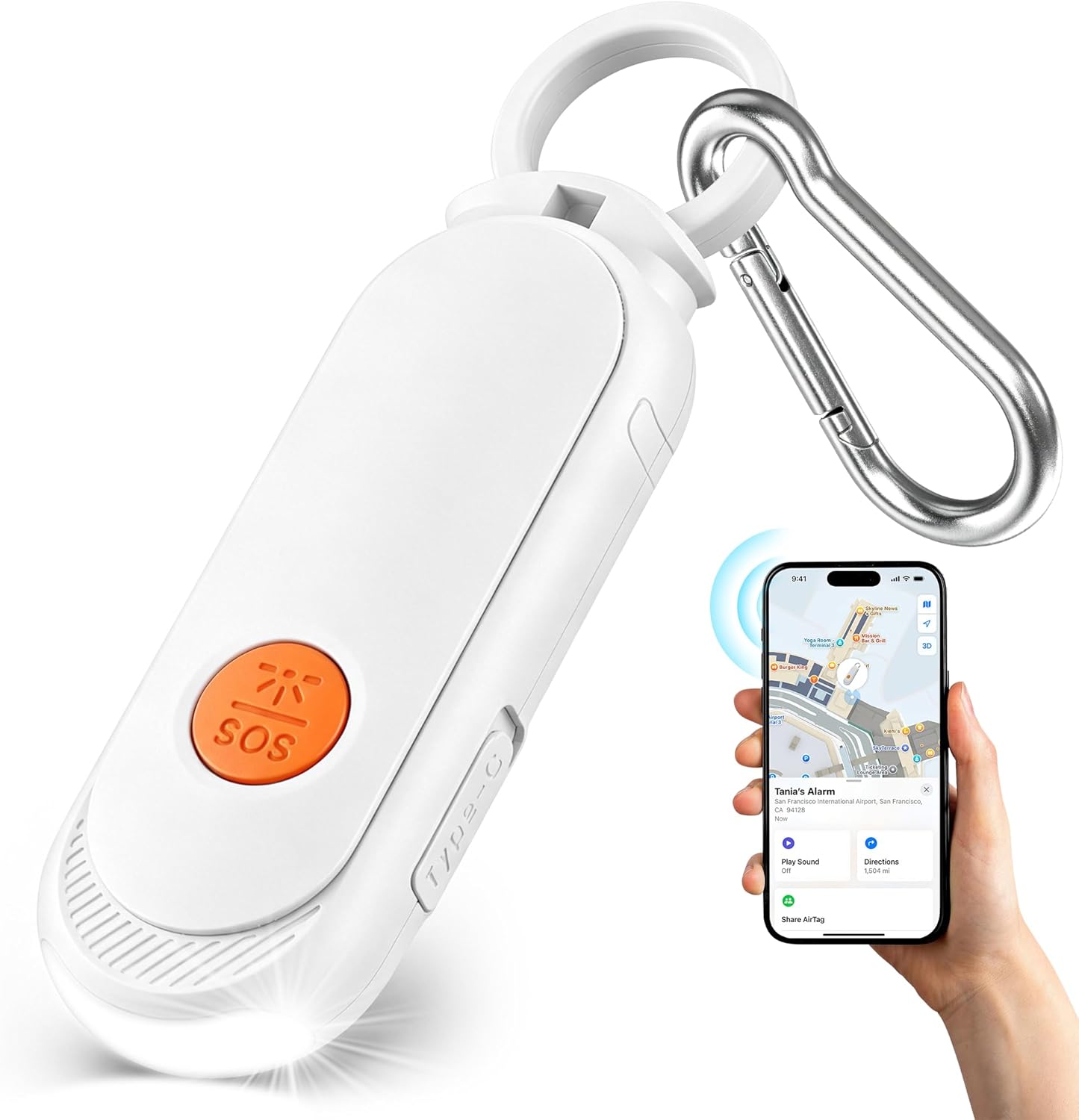 Rechargeable Personal Safety Alarm for Women - 135dB Loud Alarm and Flashing Light, Anti-Loss Locking Pin, Search with Apple Find My, for Women, Kids, Seniors, Anti-Loss, iOS Only (White)