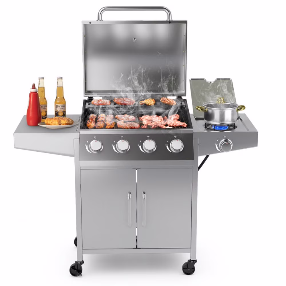 Aimee Lii 50000BTU 5-Burner Propane Gas Grill with Side Burner and 2 Prep Tables, BBQ Grill for Outdoor Cooking Kitchen, Garden and Patio Backyard Barbecue-Silver