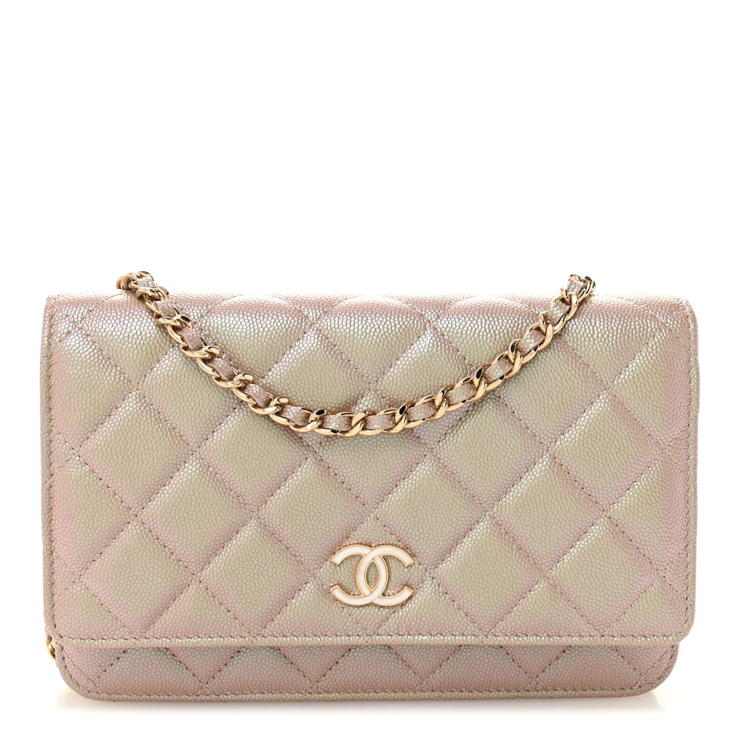Iridescent Caviar Quilted Wallet on Chain WOC Beige