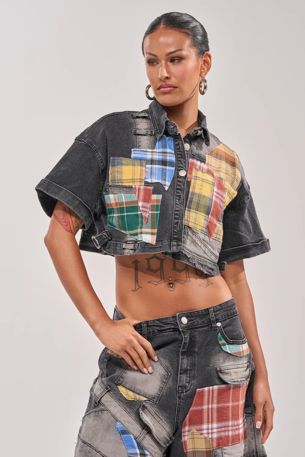 DREA MIXED PLAID CROP SHORT SLEEVE BUTTON DOWN - Akira Store