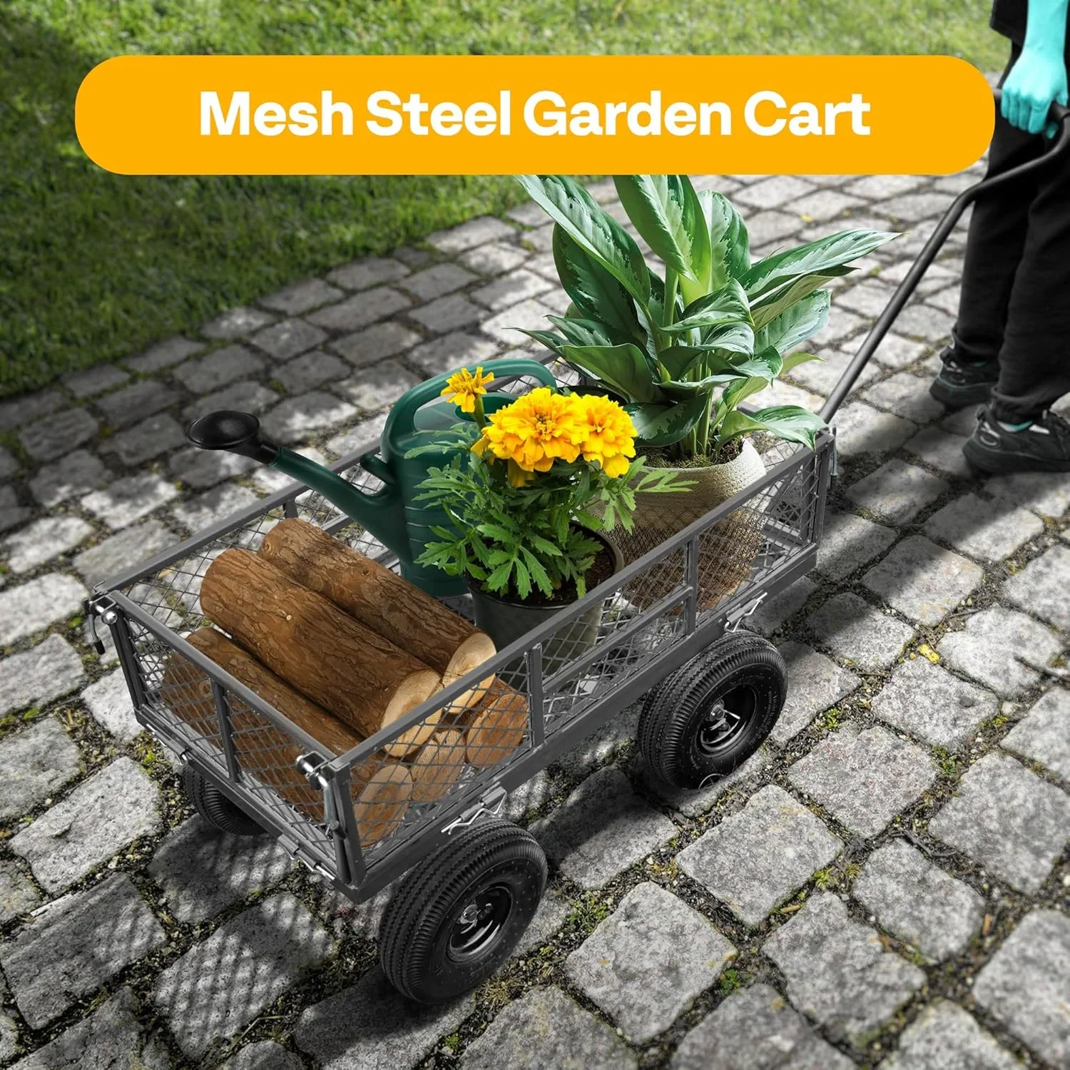 SPECSTAR Mesh Steel Garden Cart 880 lbs Capacity, 38 x 21 Folding Utility Wagon with 10 Inch Wheels