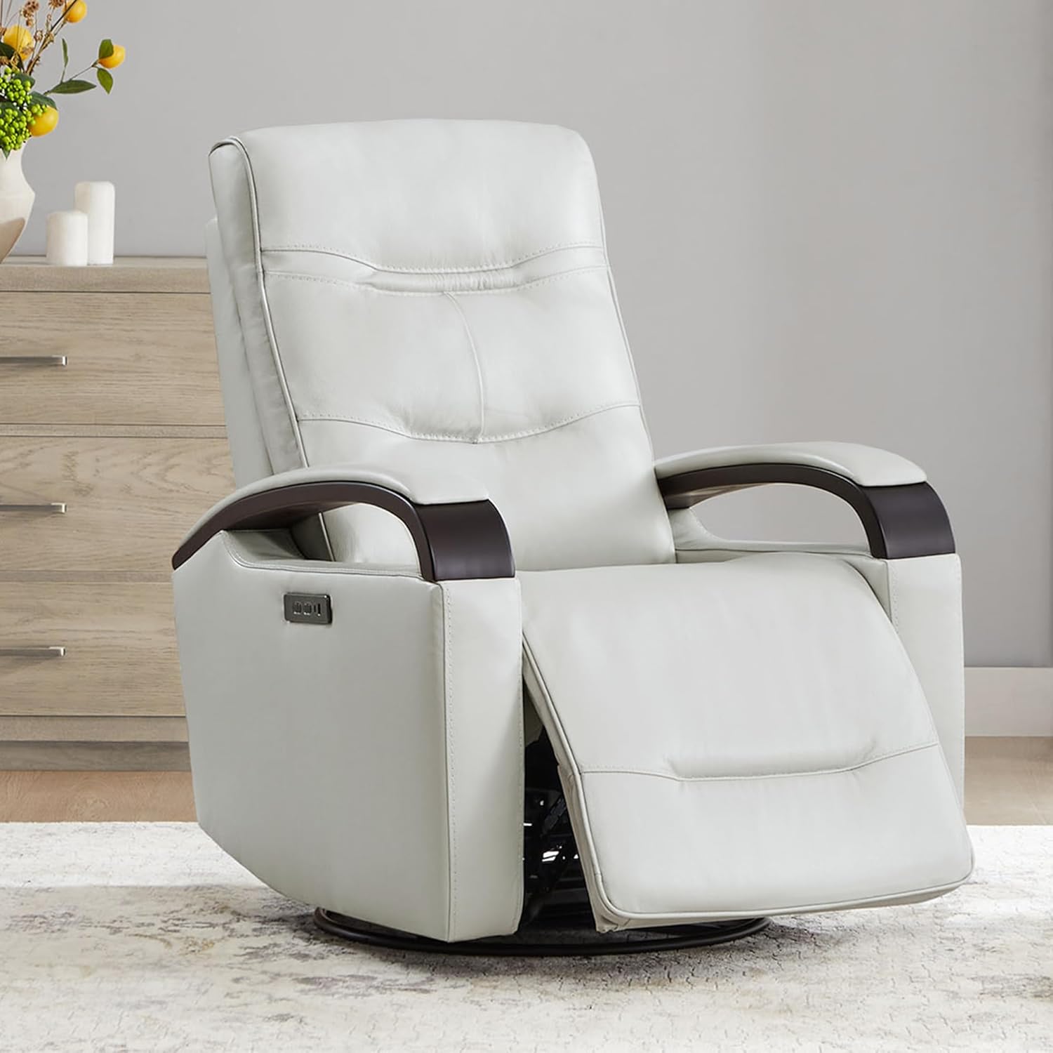 CHITA Genuine Leather Power Swivel Glider Rocker Recliner, FSC Certified Mid Century Modern Recliner Chair for Adults, Adjustable Power Headrest, for Nursery and Living Room, Creamy Grey