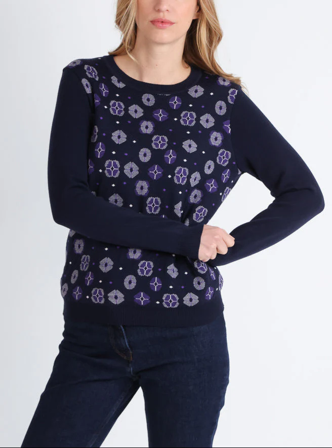 Pull jacquard femme en laine mérinos bleu