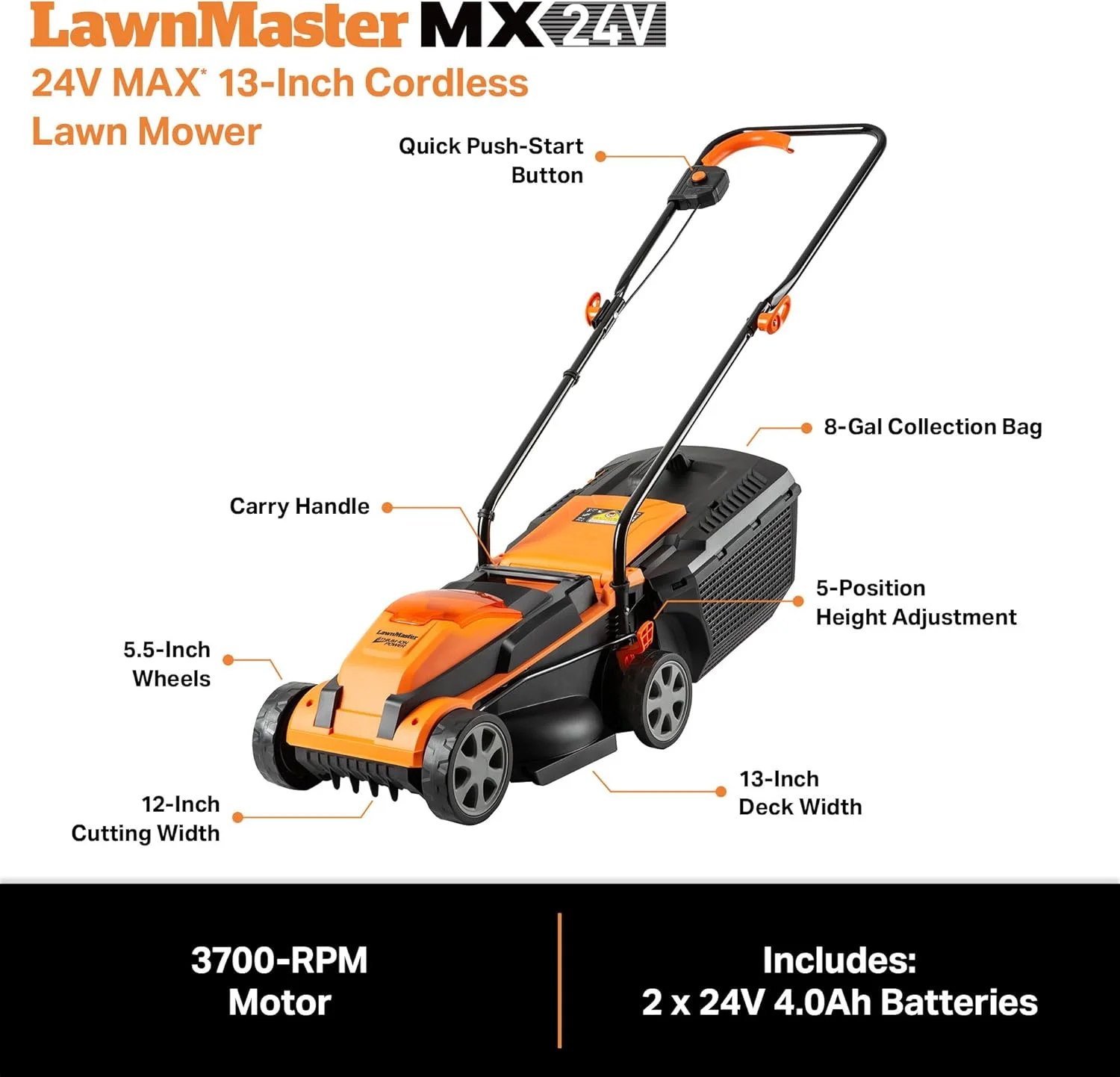 13in 24 V Cordless Lawn Mower with Push Button Start(Single) - Image 6