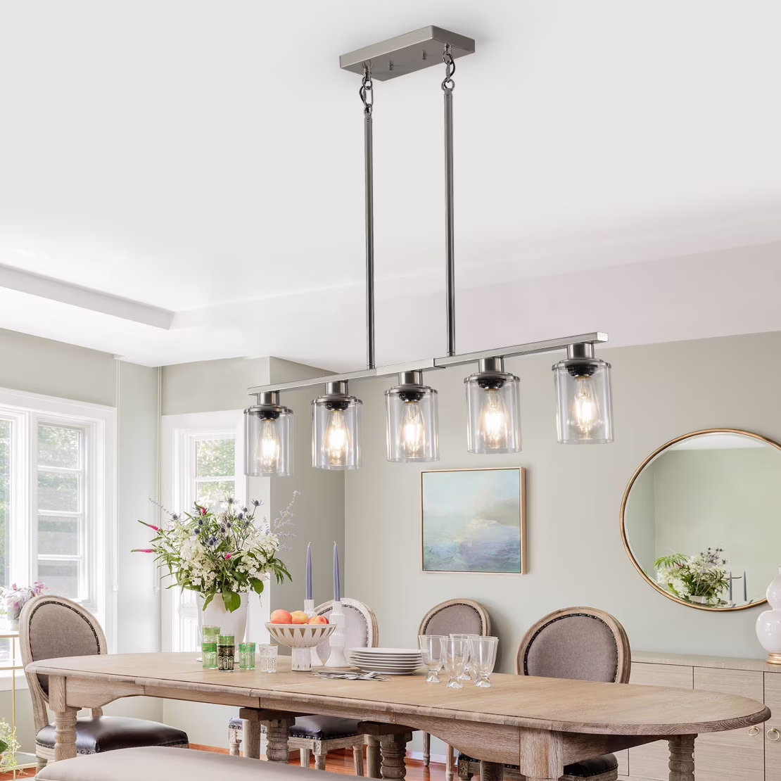 5-Light Kitchen Island Pendant Light, Farmhouse Industrial Chandeliers with Two Metal Rod Supports, Rectangular Island Lights for Kitchen, Living Room, Walnut/Black