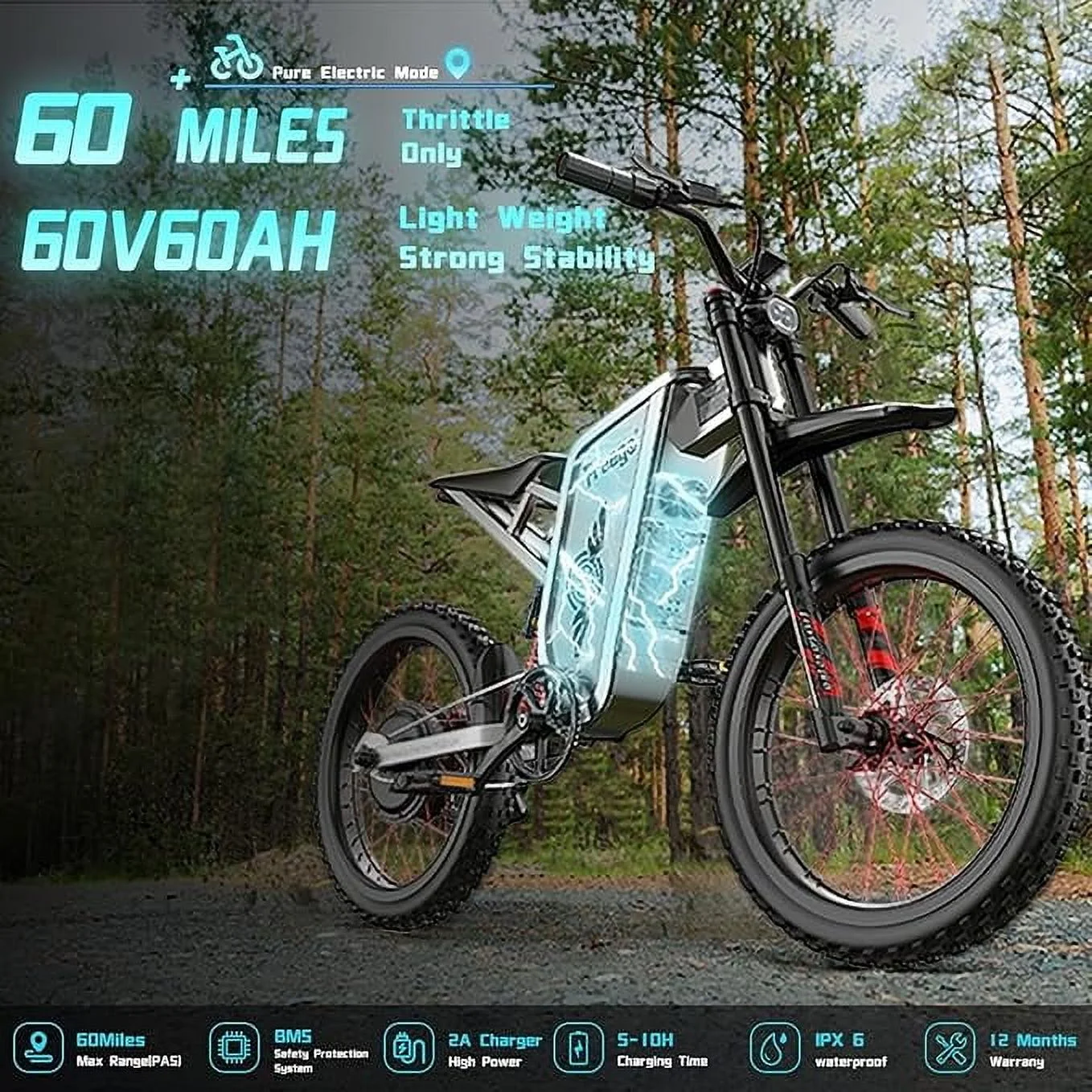 6000W(Peak) Motor 60V/30Ah Battery X2Pro Electric Motorcycle for Adults, Electric Bike,50MPH/7 Speed Off Road Electric Bicycle,19x2 Full Suspension/Four-Piston Hydraulic Brake UL2849MTB(X2 pro Gray) - Image 2