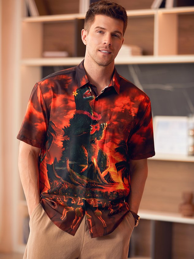 Chemise hawaïenne à manches courtes avec poche poitrine et motif dinosaure et motif Hula Girl