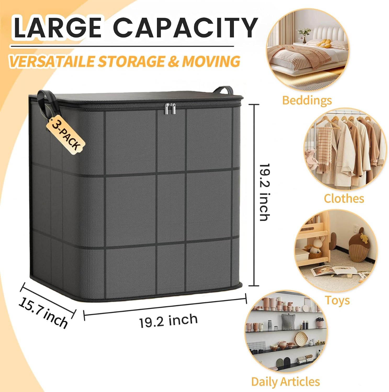 3 Pack Large Comforter Storage Bags, Large Storage Bag for Clothes and Bedding