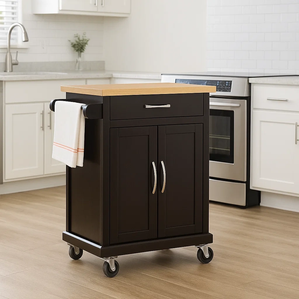 Kkken, rektangulr form, MDF-tr, sort, med bordplade i lys tr, p hjul og skab med skuffe, 91x45x89 cm, til privat brug. - blMAuTUwKxoP