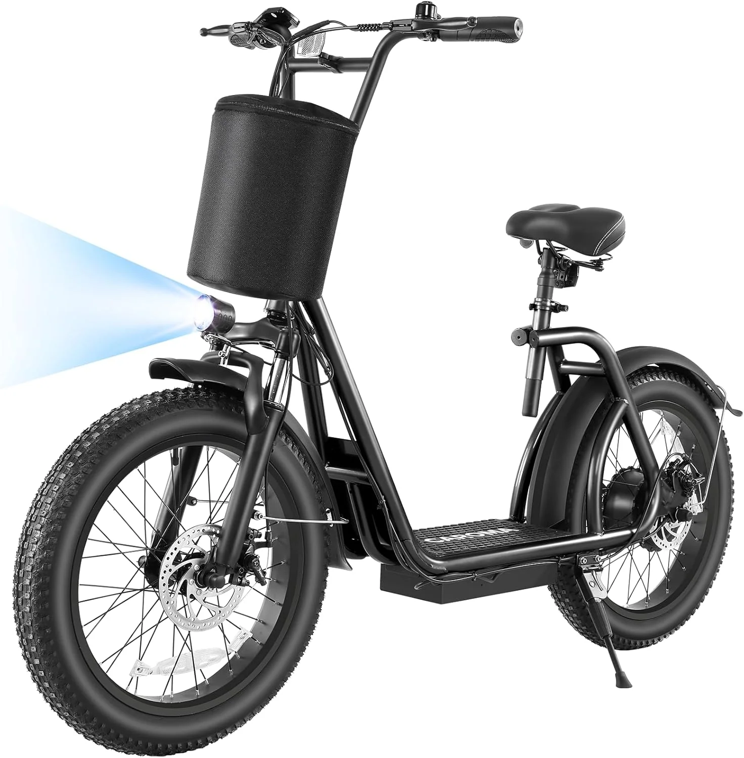 Trottinette électrique pliable Caroma Peak 800W pour adultes, avec pneus de 20 pouces de large, batterie 48V, panier et siège réglable.