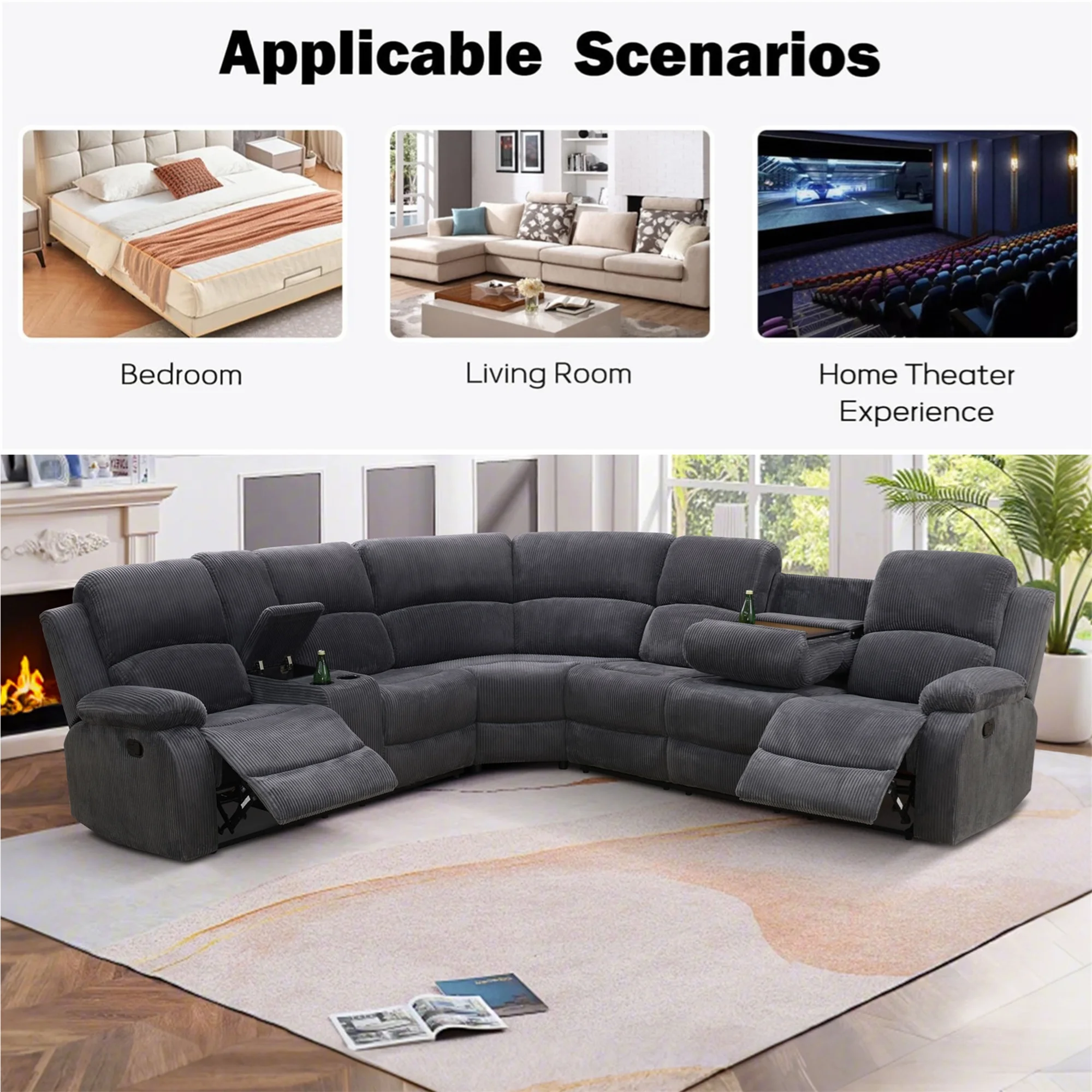3-Piece Recliner Sofa Set, 6 Seat Sectional Couch with Cup HoldersStorage Console, Gray(Gray|Corduroy) - Image 7