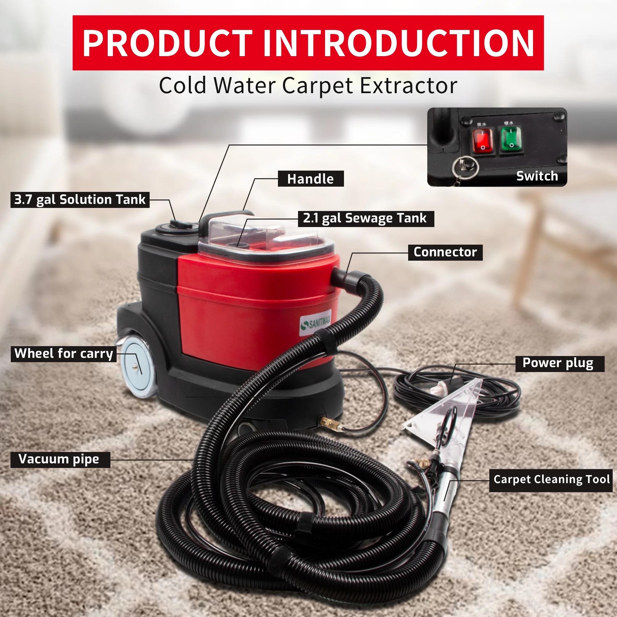 Carpet and Upholstery Extractor Cleaning Machine, Powerful 1.07 HP Motor, 3.7-gal Tank - Image 6