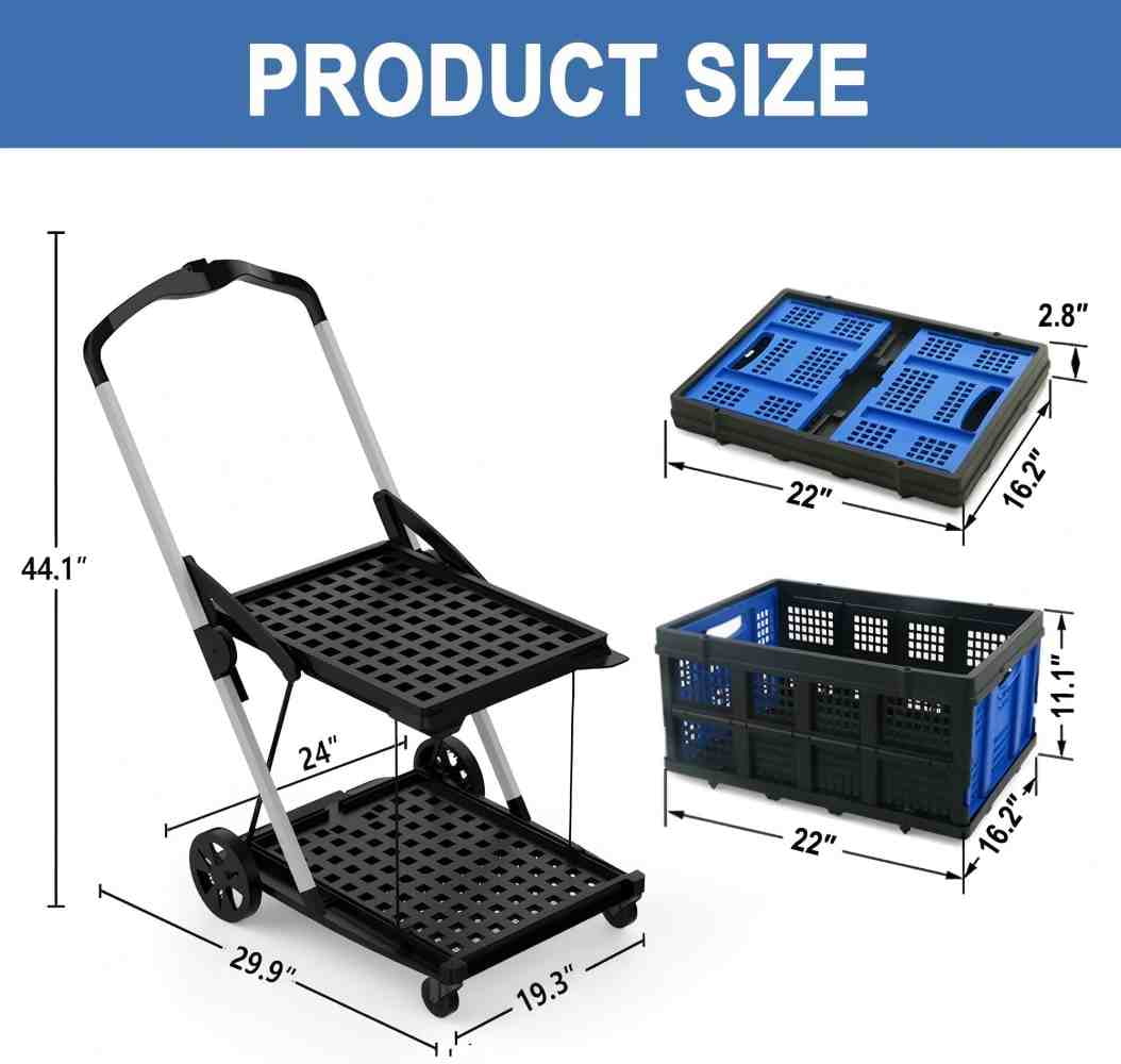 Foldable Grocery Cart with Wheels and Removable Storage Crate, Collapsible Shopping Cart, 2 - Tier Portable Utility Cart for Home, Groceriessupermarket