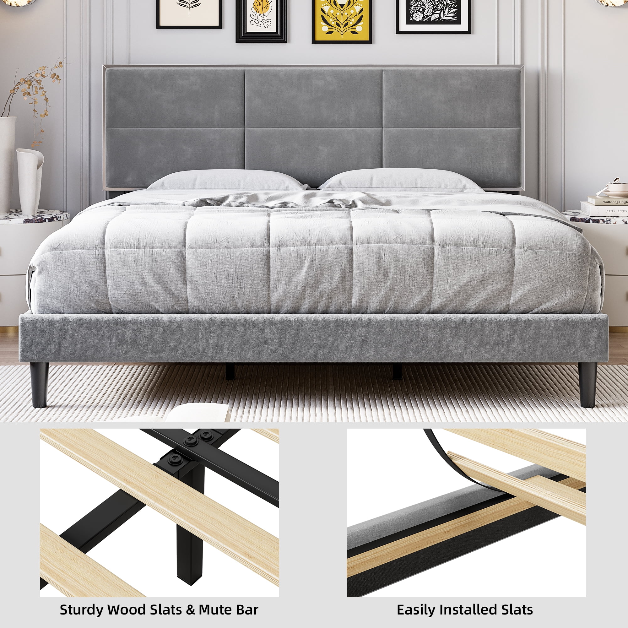 King Size Bed Frame Upholstered Platform, Bed Frame with Square Velvet Headboard, Wooden Slats Support, Non-Slip and Noise-Free, No Box Spring Needed, Easy Assembly(Light Gray)(King/Light Gray) - Image 8