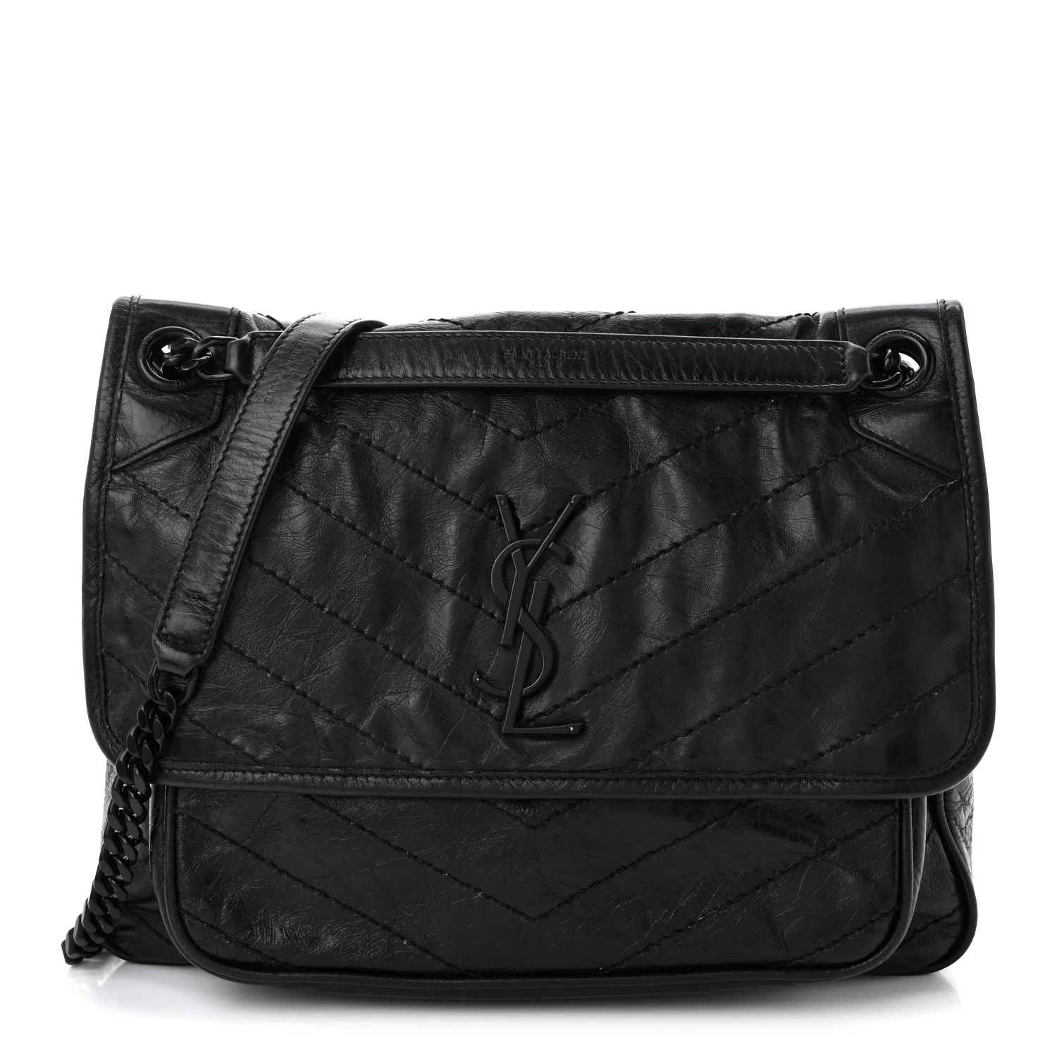 Crinkled Calfskin Matelasse Monogram Medium Niki Chain Satchel Black