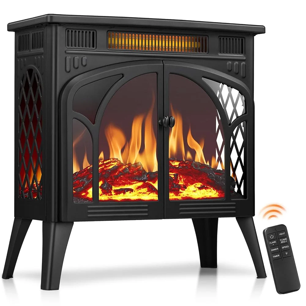 R.W.FLAME Electric Fireplace Heater 25" with Remote Control, Cathedral Stylish, Different Flame Effects and Log Set Colors, Adjustable Brightness and Heating Mode, Overheating Safe Design,Black