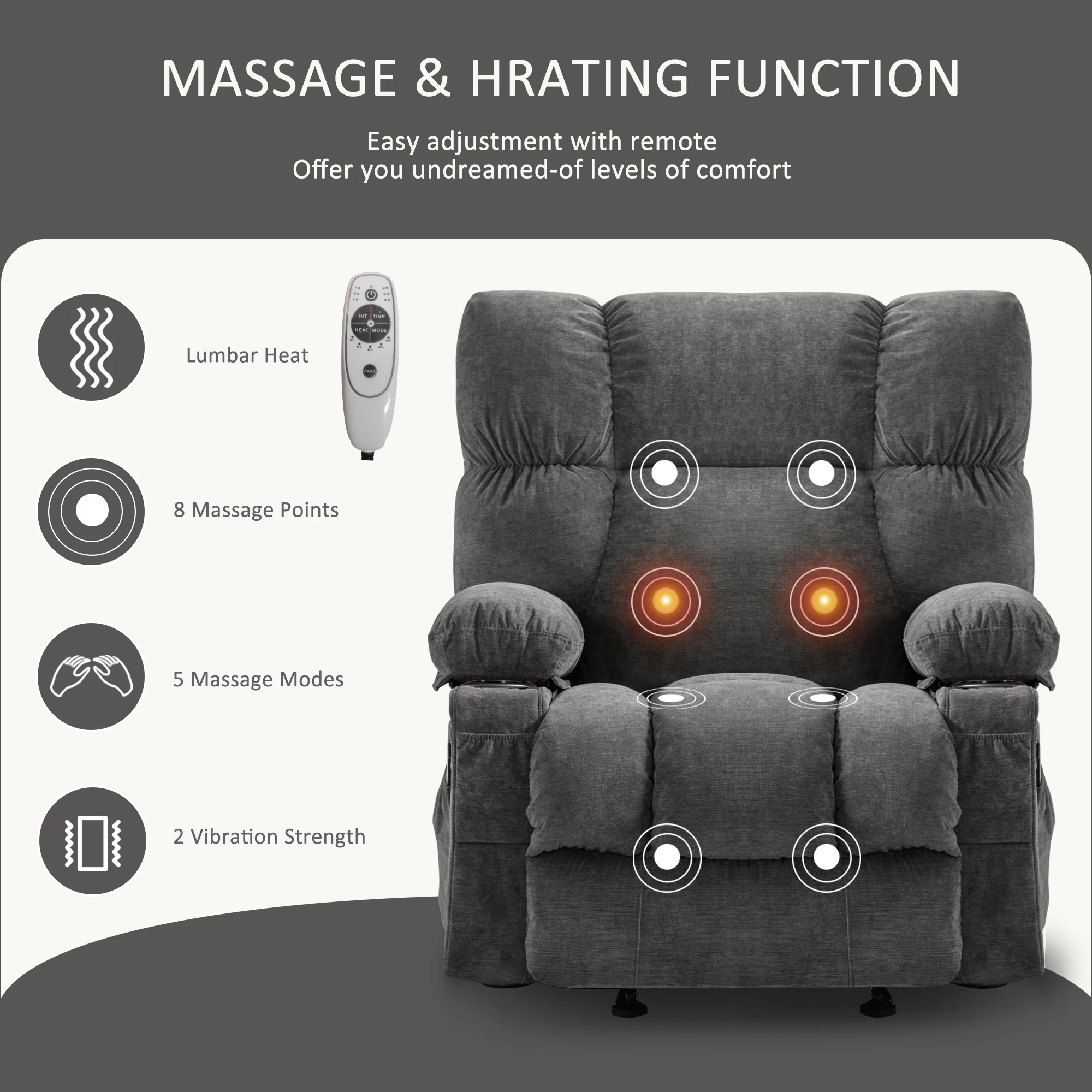 Manual Recliner Chair with Heat Therapy and Massage Function, Heavy Duty Reclining Mechanism Massage Chair, Elderly Single Rocker Sofa with Cup Holders for Bedroom Home Theater,Grey(Regular-Grey) - Image 4