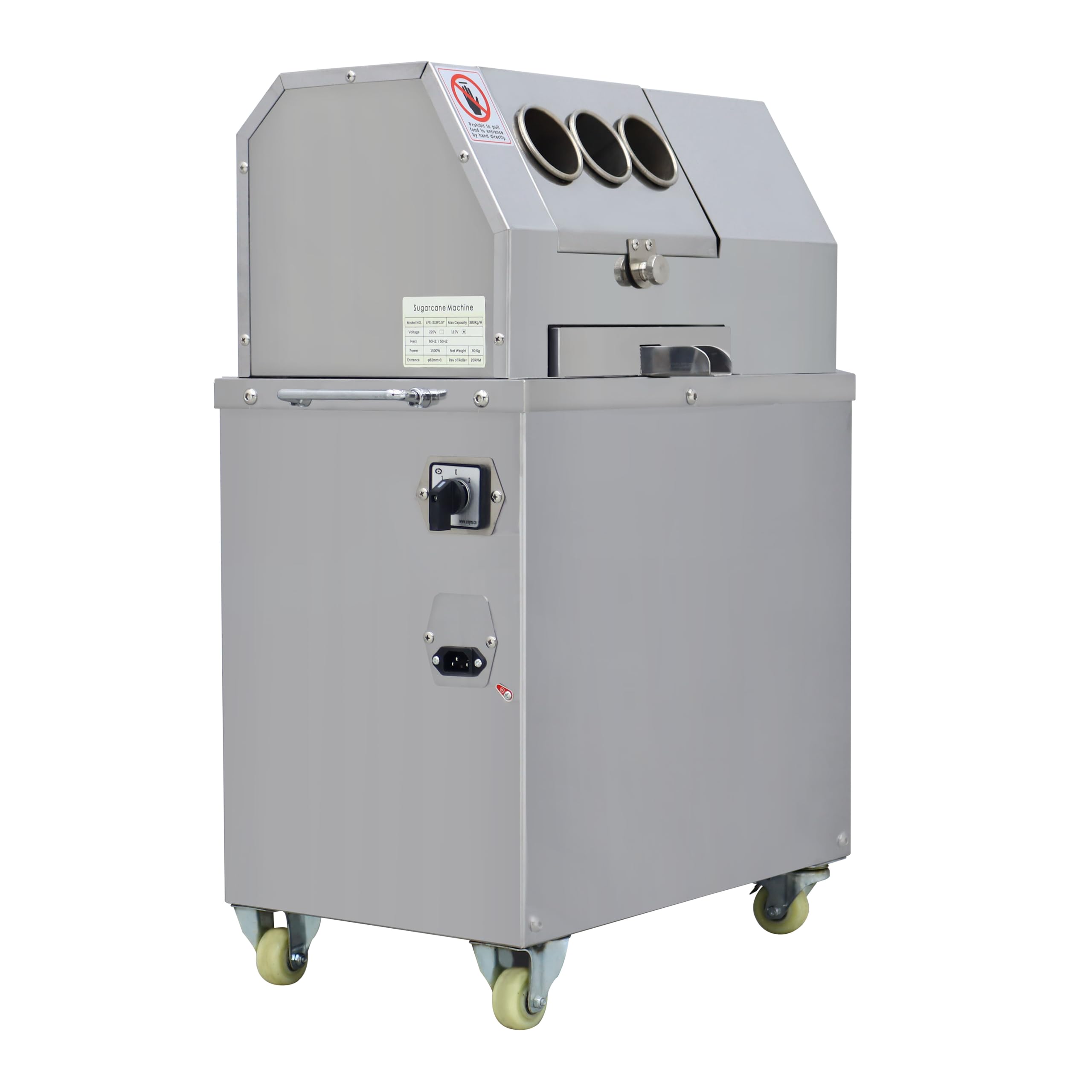 110V 1500W Commercial Sugar Cane Press Juice Machine, 3 Rolls Stainless Steel Electric Sugarcane Juicer Grinder Extractor, W/Three Feed Port and 2 Sets Peeling Knives