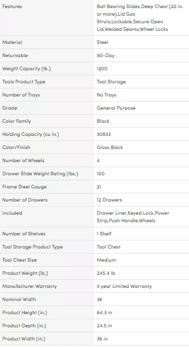 Coffre à outils et armoire combinés profonds à 12 tiroirs, 91,4 cm (36 po) de largeur, noir brillant