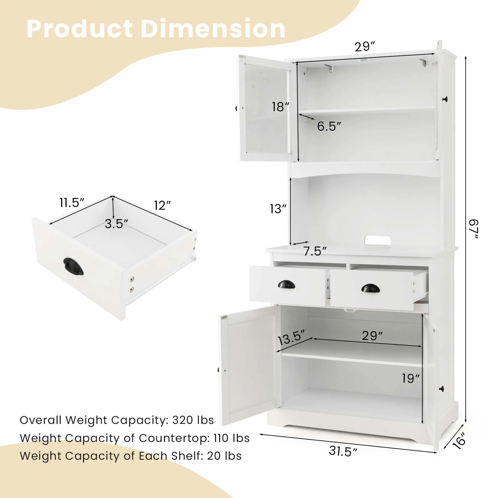 Costway 67'' Storage Cabinet Closet Kitchen Pantry Cupboard with Adjustable Shelves White(Black/Black) Image 3