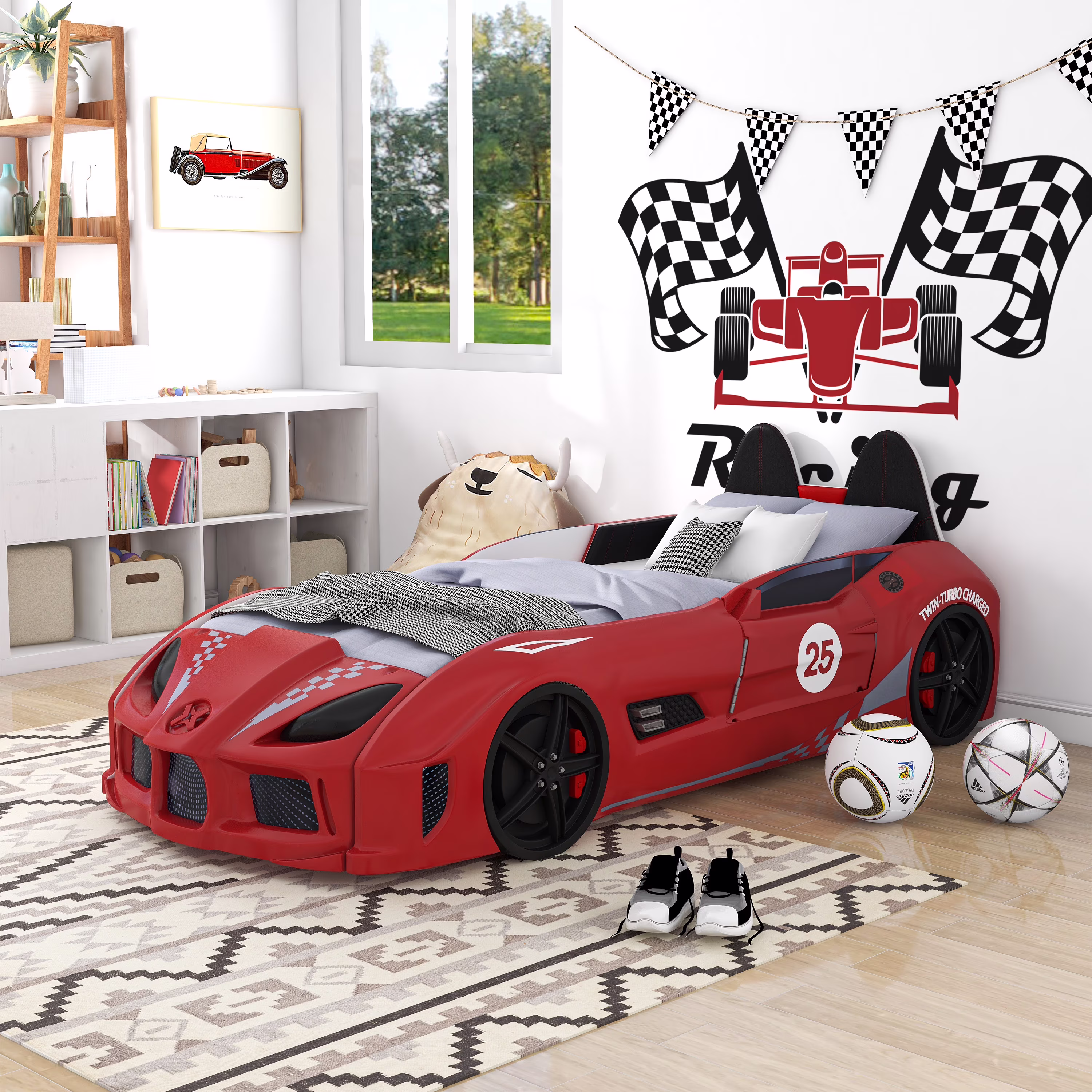 Dash Kids Plastic Twin Race Car Bed with LED and Sound, White(White) - Image 3
