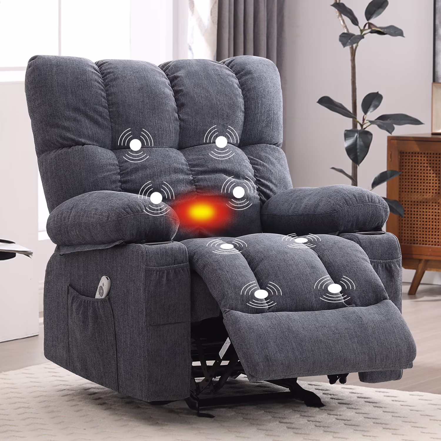 Manual Recliner Chair with Heat Therapy and Massage Function, Heavy Duty Reclining Mechanism Massage Chair, Elderly Single Rocker Sofa with Cup Holders for Bedroom Home Theater,Grey(Regular-Grey) - Image 7