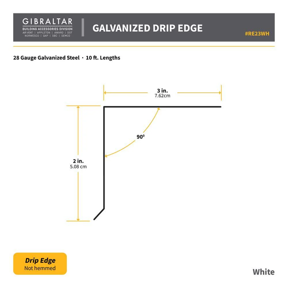 White Galvanized Drip Edge Flashing, 28-Gauge, 2 in. x 3 in. x 10 ft