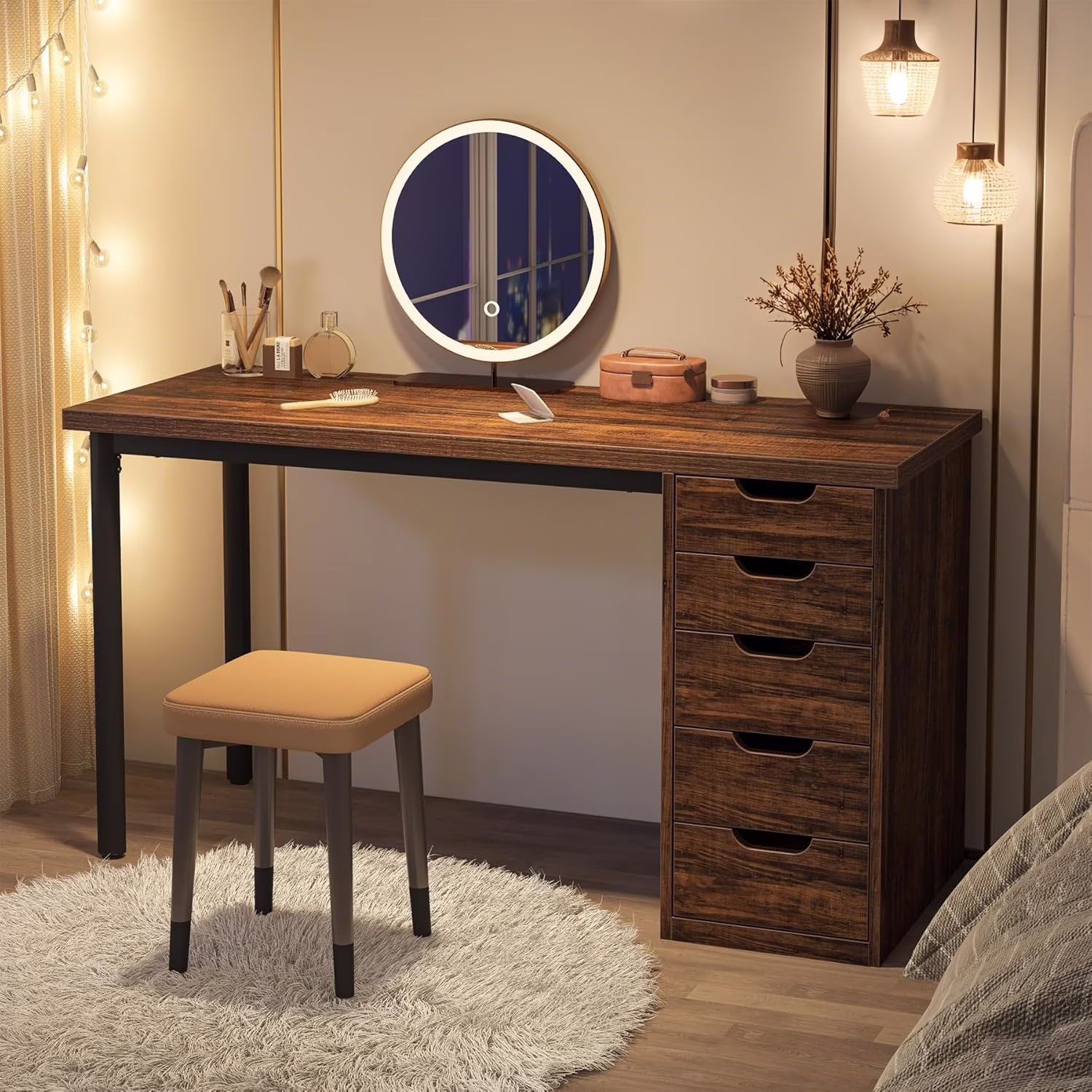 47 inches Vanity Desk with 5 Drawers, Rustic Makeup Dressing Table with Storage, Modern Simple Computer Desk for Women, Girls (Brown)(Brown) - Image 7