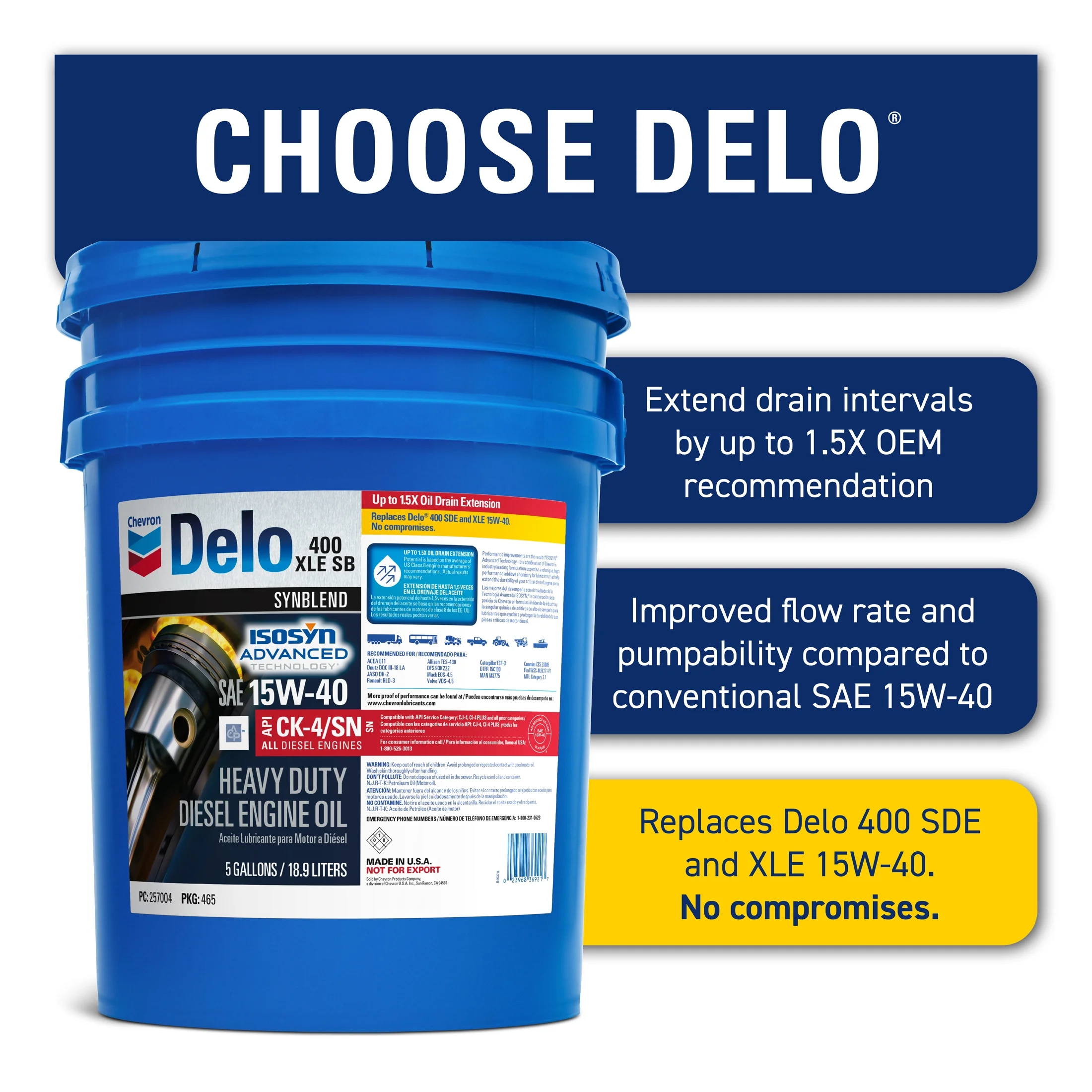 Delo 400 XLE SB Synthetic Blend SAE 15W-40 Heavy-Duty Diesel Motor Oil 5 Gallon(Single) - Image 3