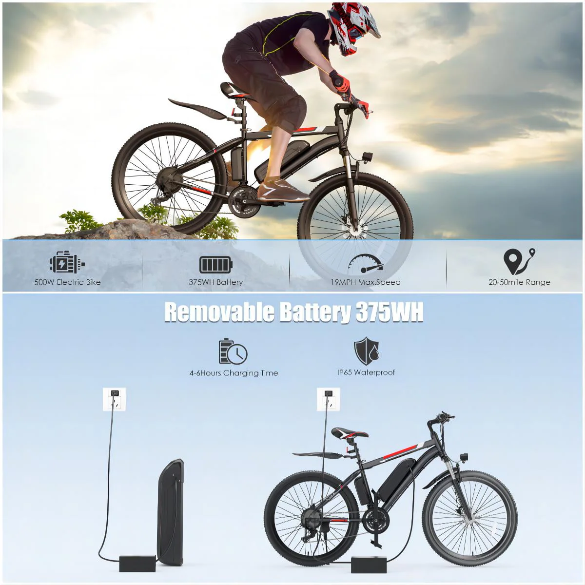 Elifine 500W Electric Bike for Adults, 26" Mountain Electric Bicycle with 5 Riding Modes Ebike, 48V 7 8Ah Battery, Shimano 21 Speed 19 8 mph Aluminum Alloy Electric Commuter Bike up to 50 Miles Image 4
