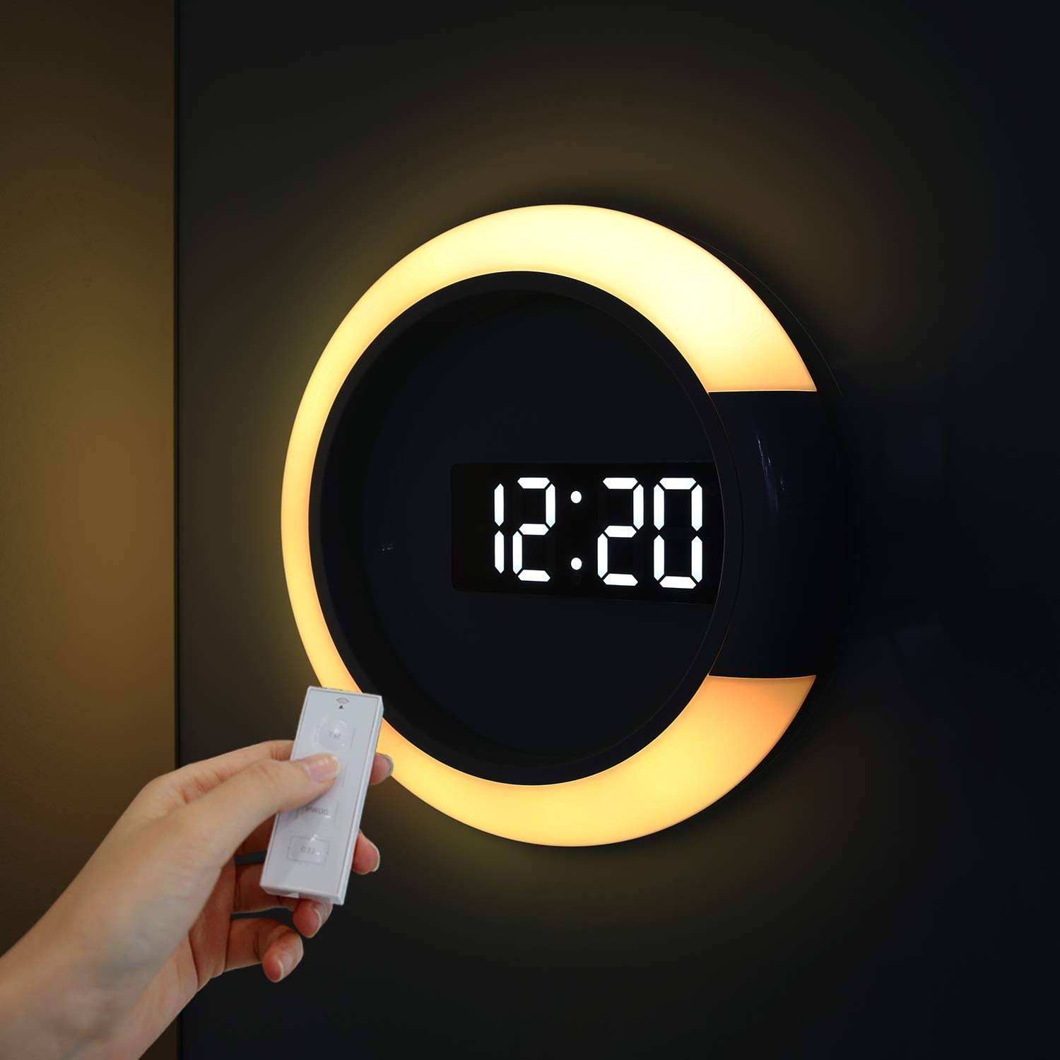 Mooas Moodlight Dual Mirror Clock, 7 Color Nightlight, 2 LED Colors (White/Orange), Adjustable LED Brightness, 12/24h Mode, Temperature Display,