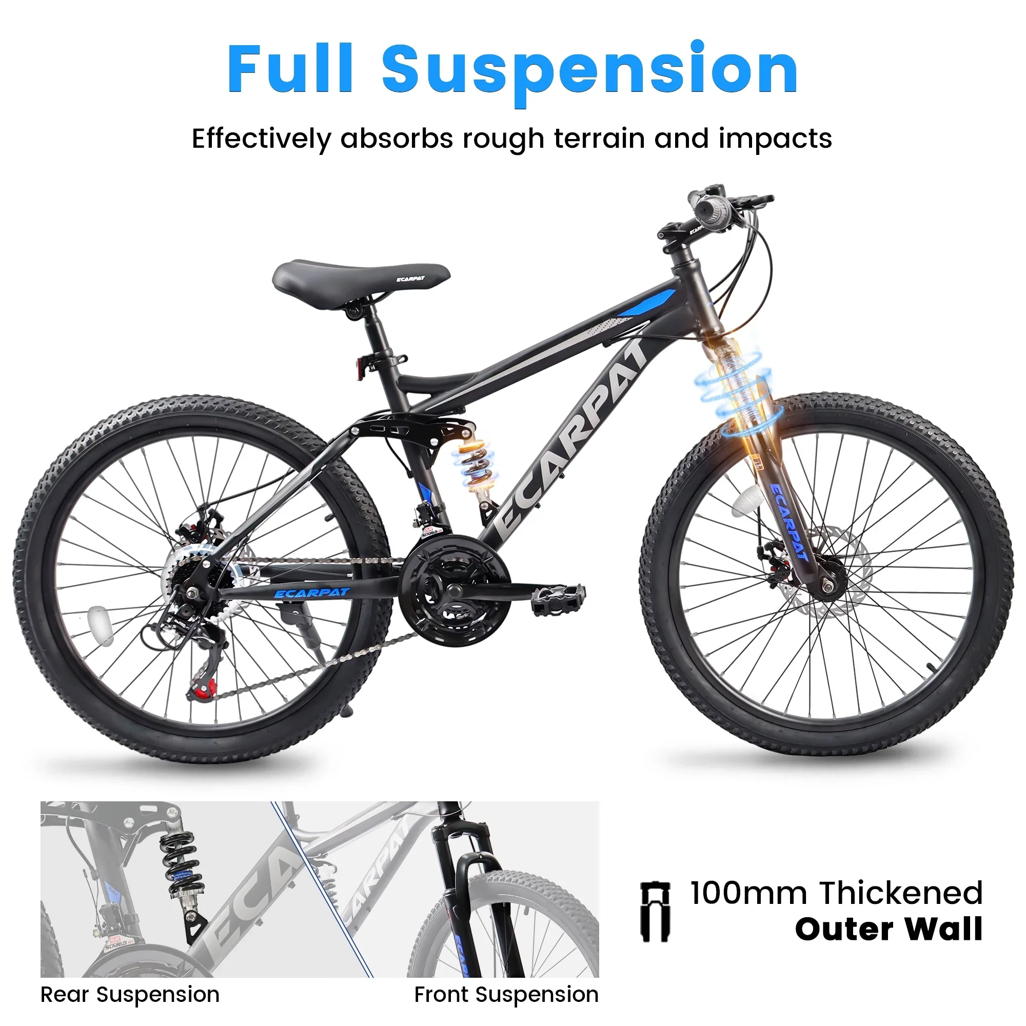 27.5 Inch Dual Full Suspension Mountain Bike, 21-Speed Mountain Bike with Dual Disc Brakes and Carbon Steel Frame, Trail Beach Snow Commuter City Bicycles for Adult Men Women, Black