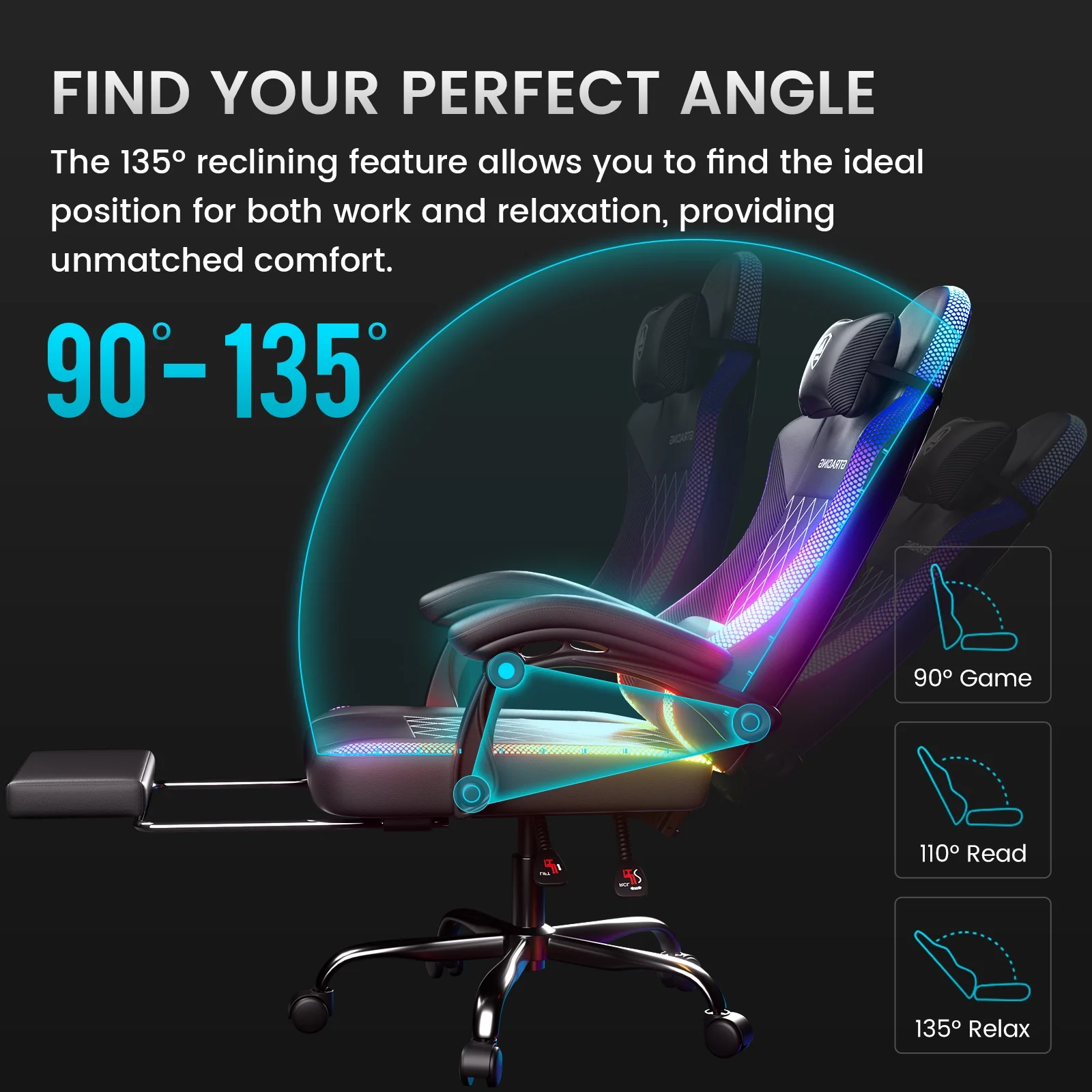RGB Ergonomic Gaming Chair with Massage, LED Lights, Footrest, Lumbar Support and Backrest, Black - Image 6