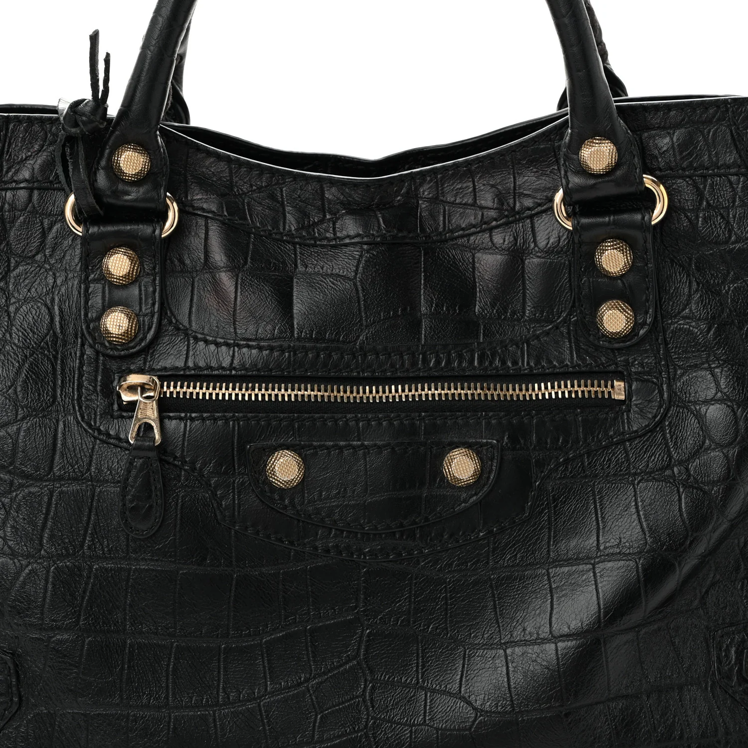 Calfskin Crocodile Embossed Giant 12 Gold Hardware City Black