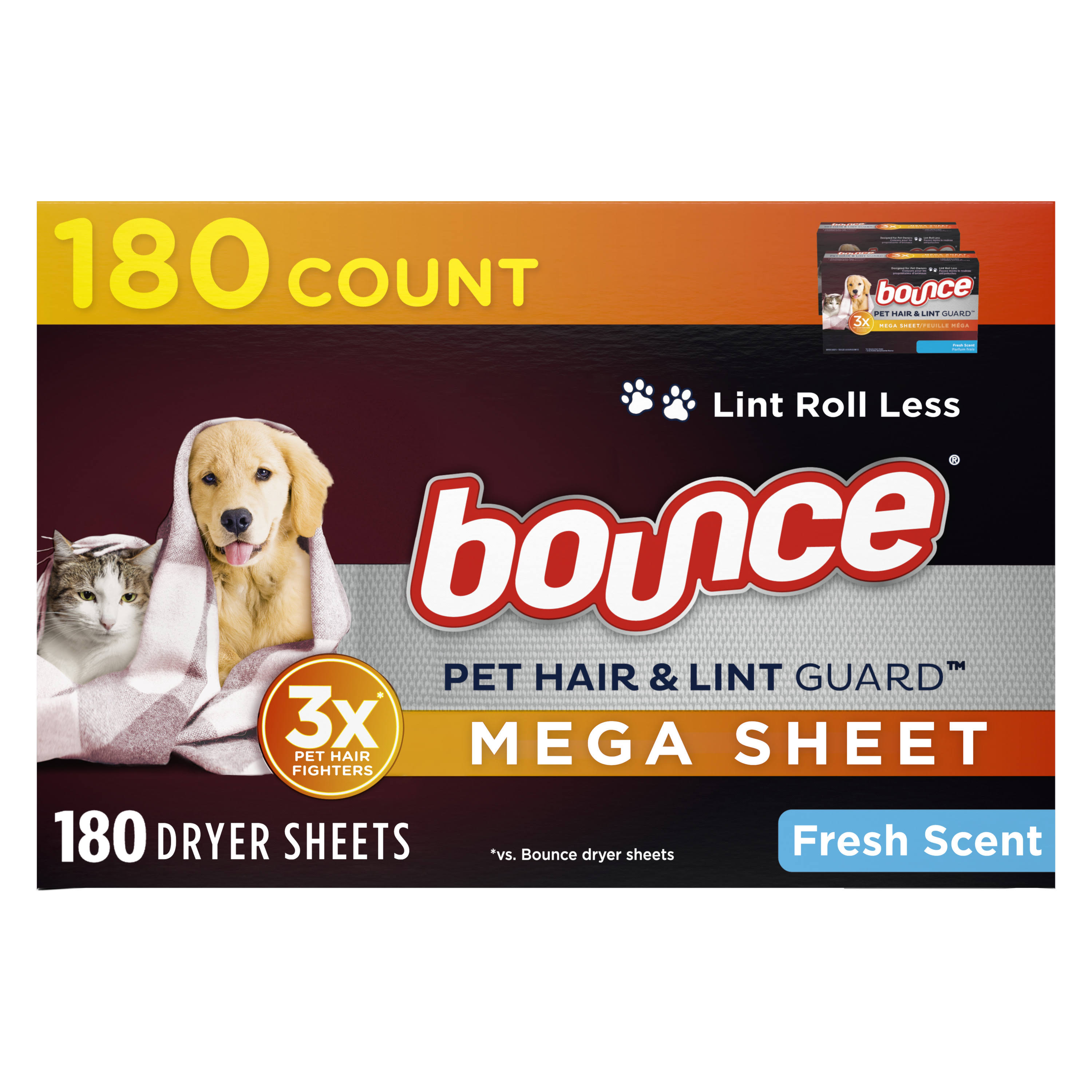 Bounce Pet Hair and Lint Guard Mega Dryer Sheets, Fresh Scent - 180 ct