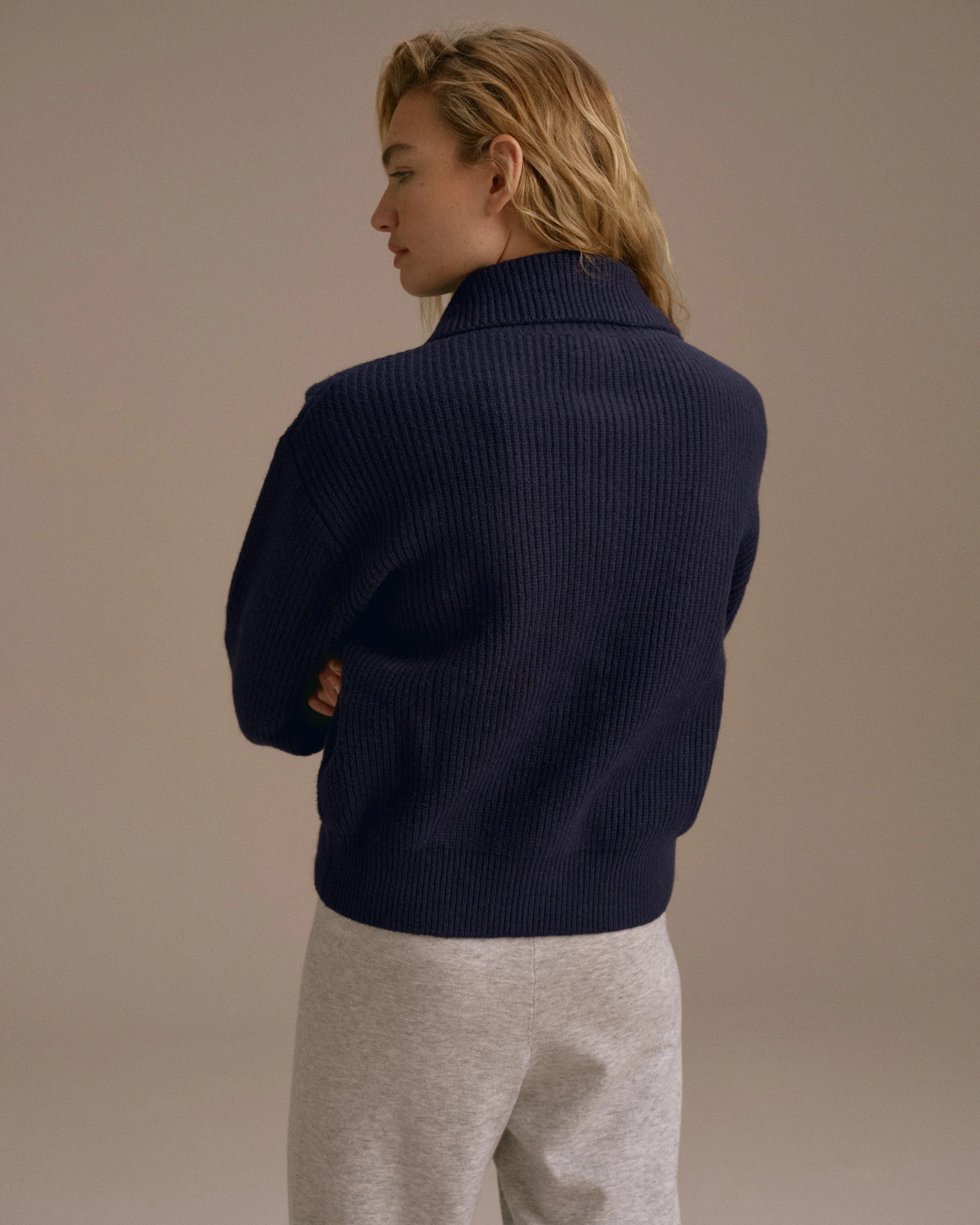 Knit Collar Cardigan - Navy Blue