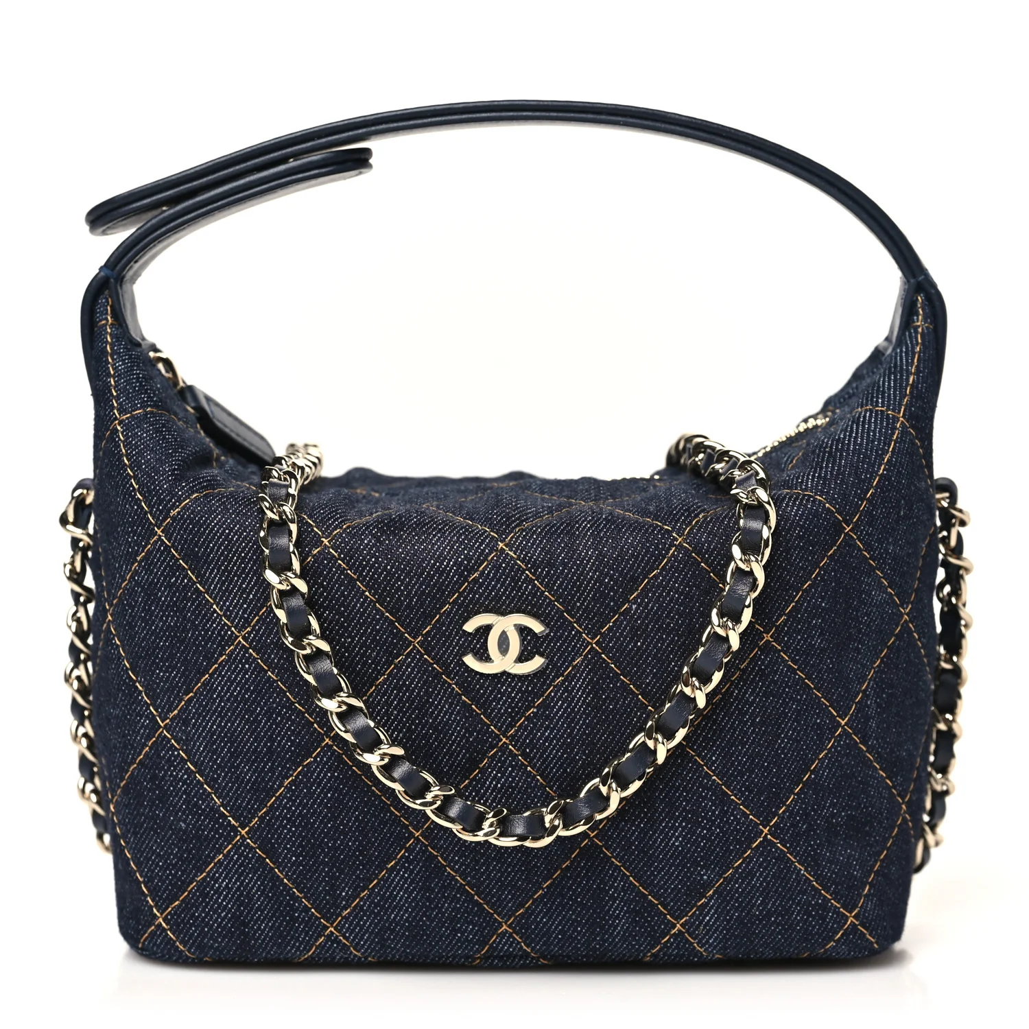 Denim Quilted Hobo Clutch With Chain Dark Blue Orange