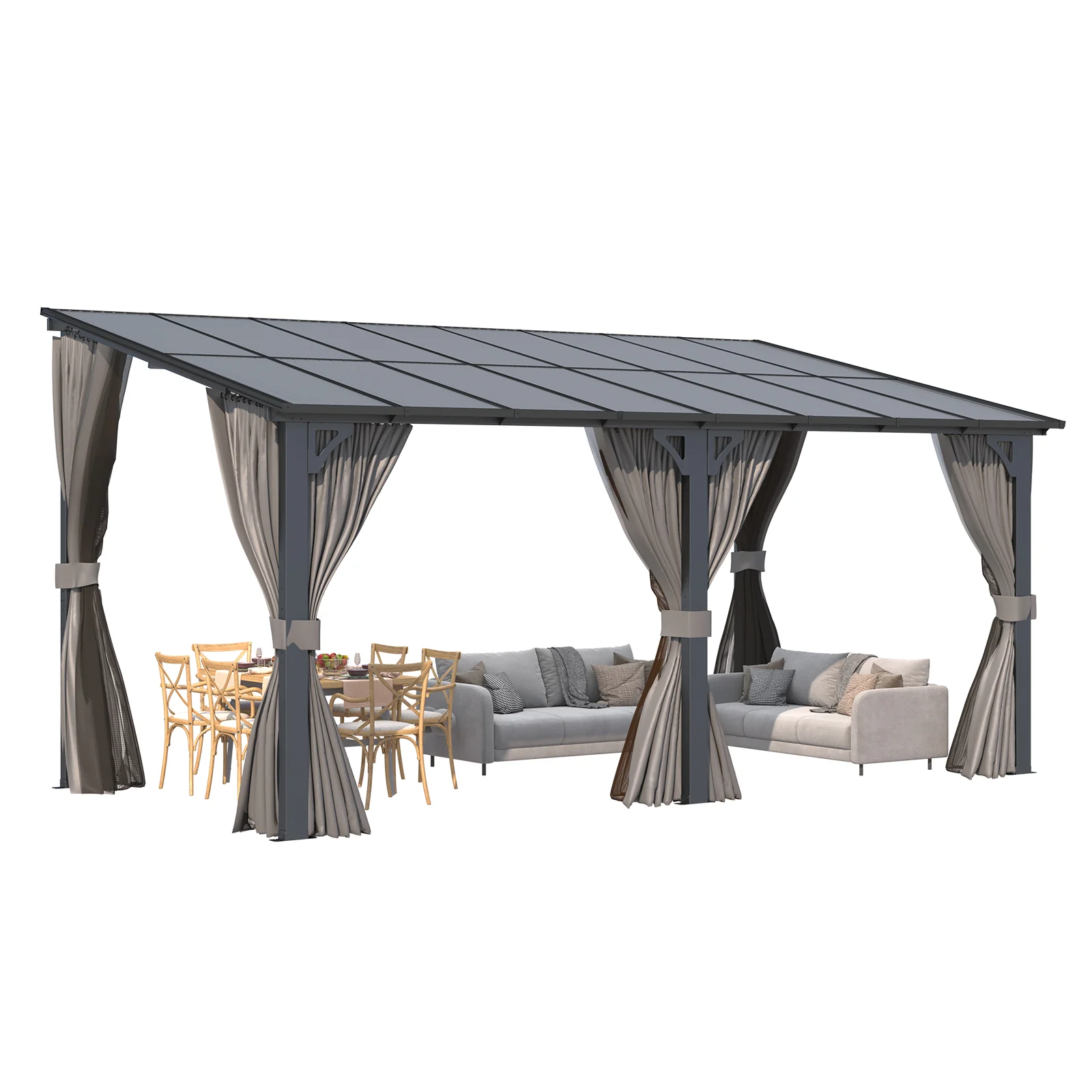 AECOJOY 16'x8' Wall Gazebo with Curtains and Mosquito Netting, Gray