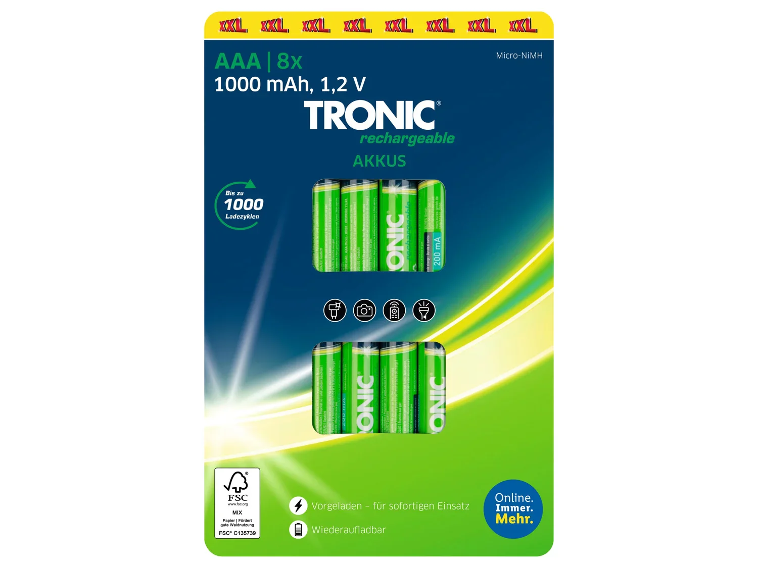 TRONIC Piles AA ou AAA Accu Ni-MH Ready 2 Use, 1,2 V, 8 pices
