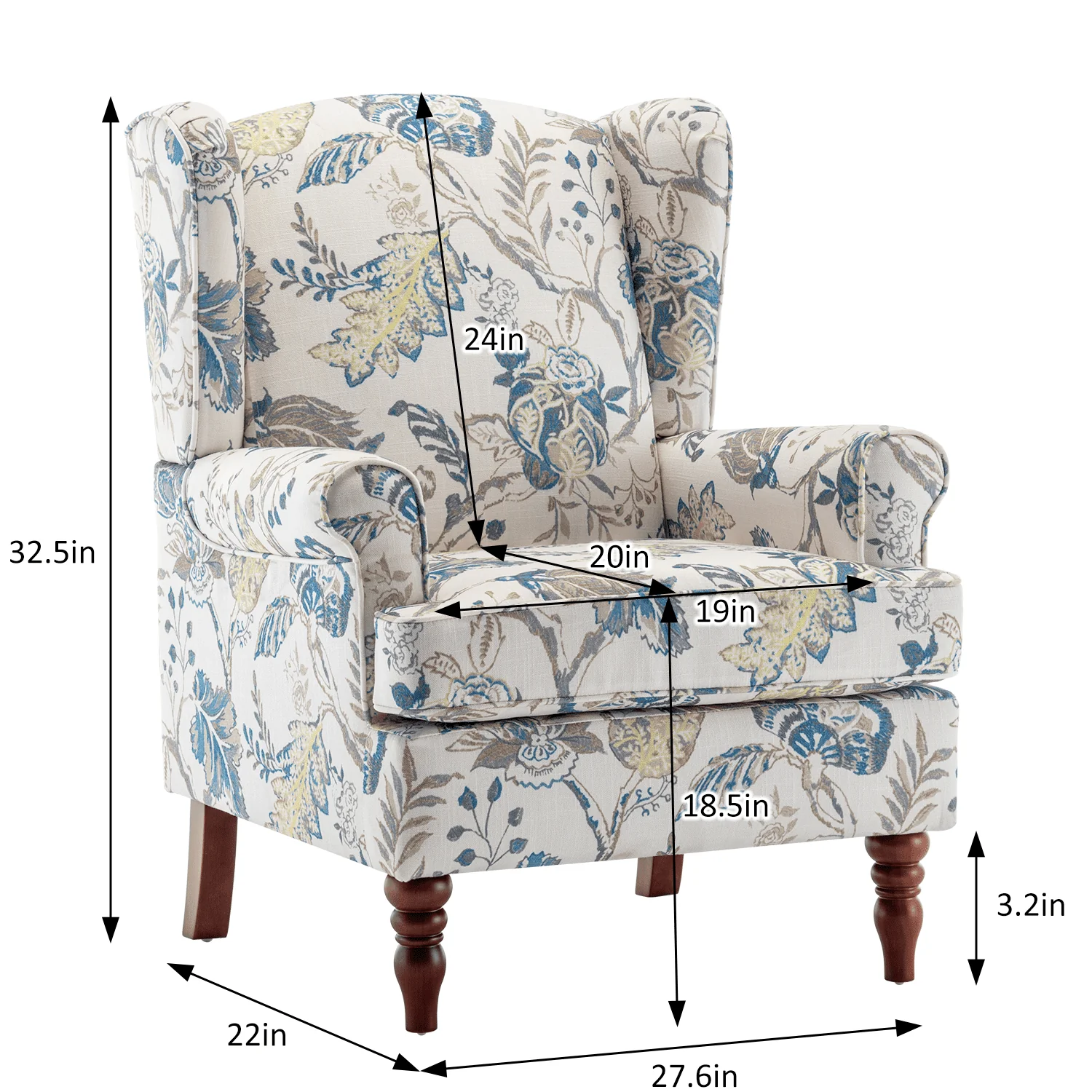 Upholstered Accent Chair, Floral Print Fabric Armchair,Blue(Blue) Image 7