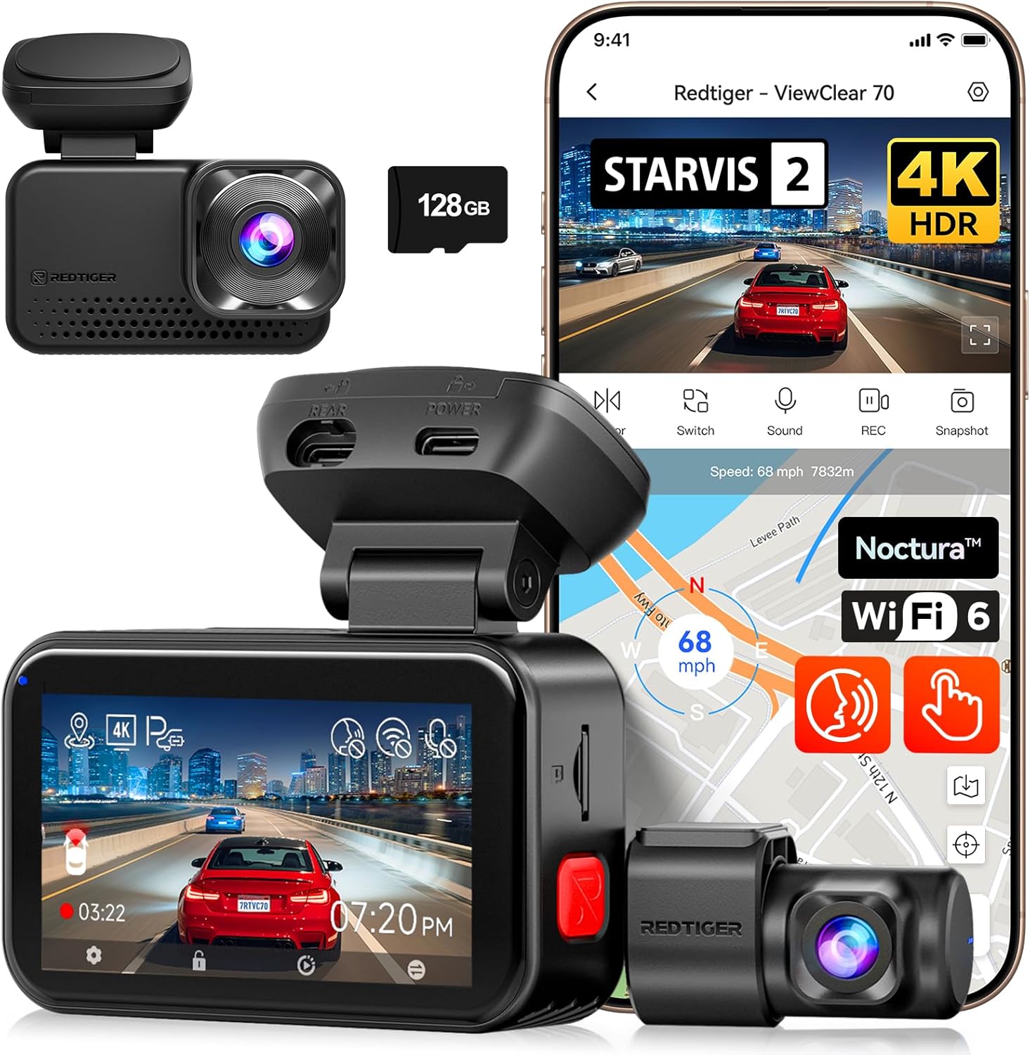 REDTIGER ViewClear 70 4K+2.5K Dash Cam Front and Rear  8MP STARVIS 2 IMX678 x Noctura™ Sensor  Dual HDR Hyper Night Clarity  5.8GHz WiFi 6  30MB/S Fast Download  Dash Camera with 24H Parking Monitor