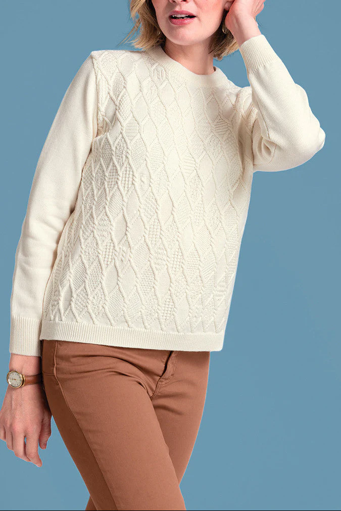 Pull torsades femme blanc en laine mérinos