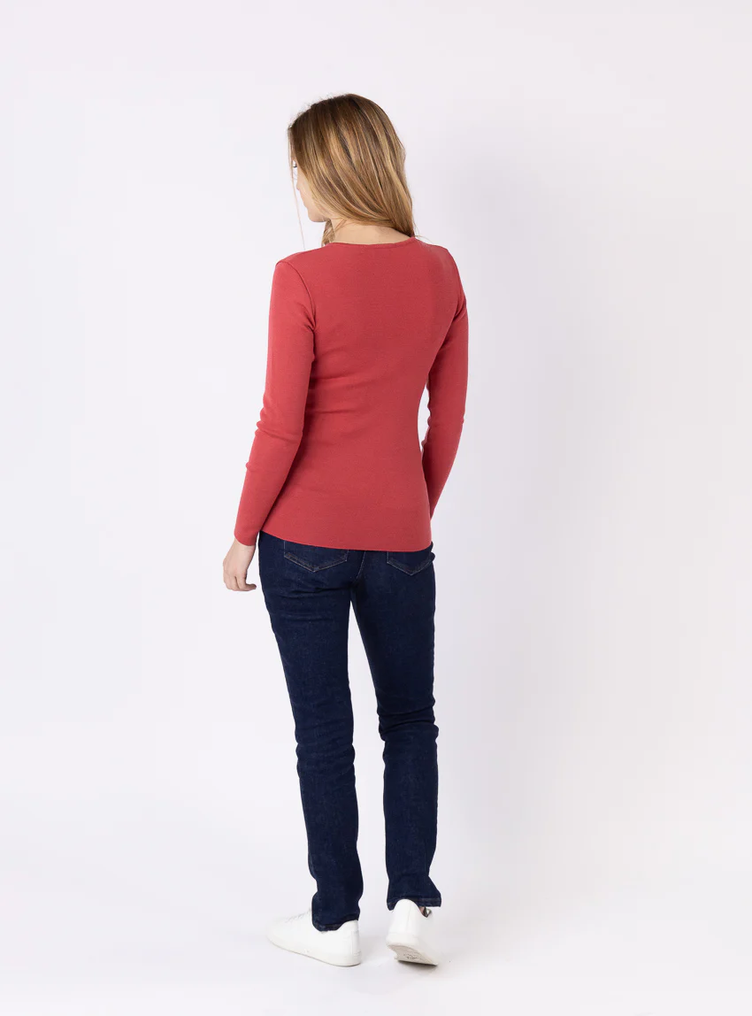 Tee-shirt thermique manches longues femme en laine merinos rouge tendre