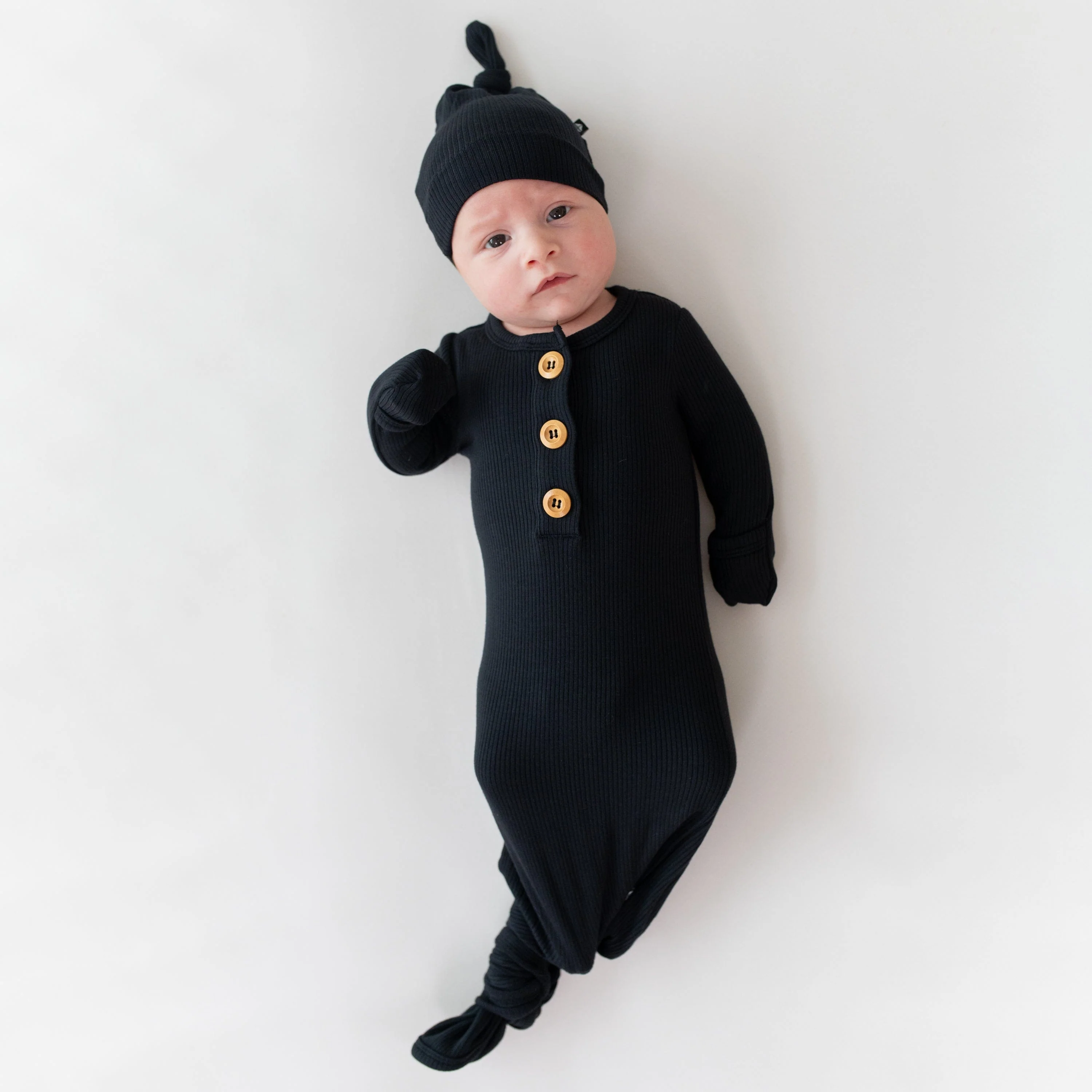 Ribbed Knotted Day Gown with Hat Set in Midnight