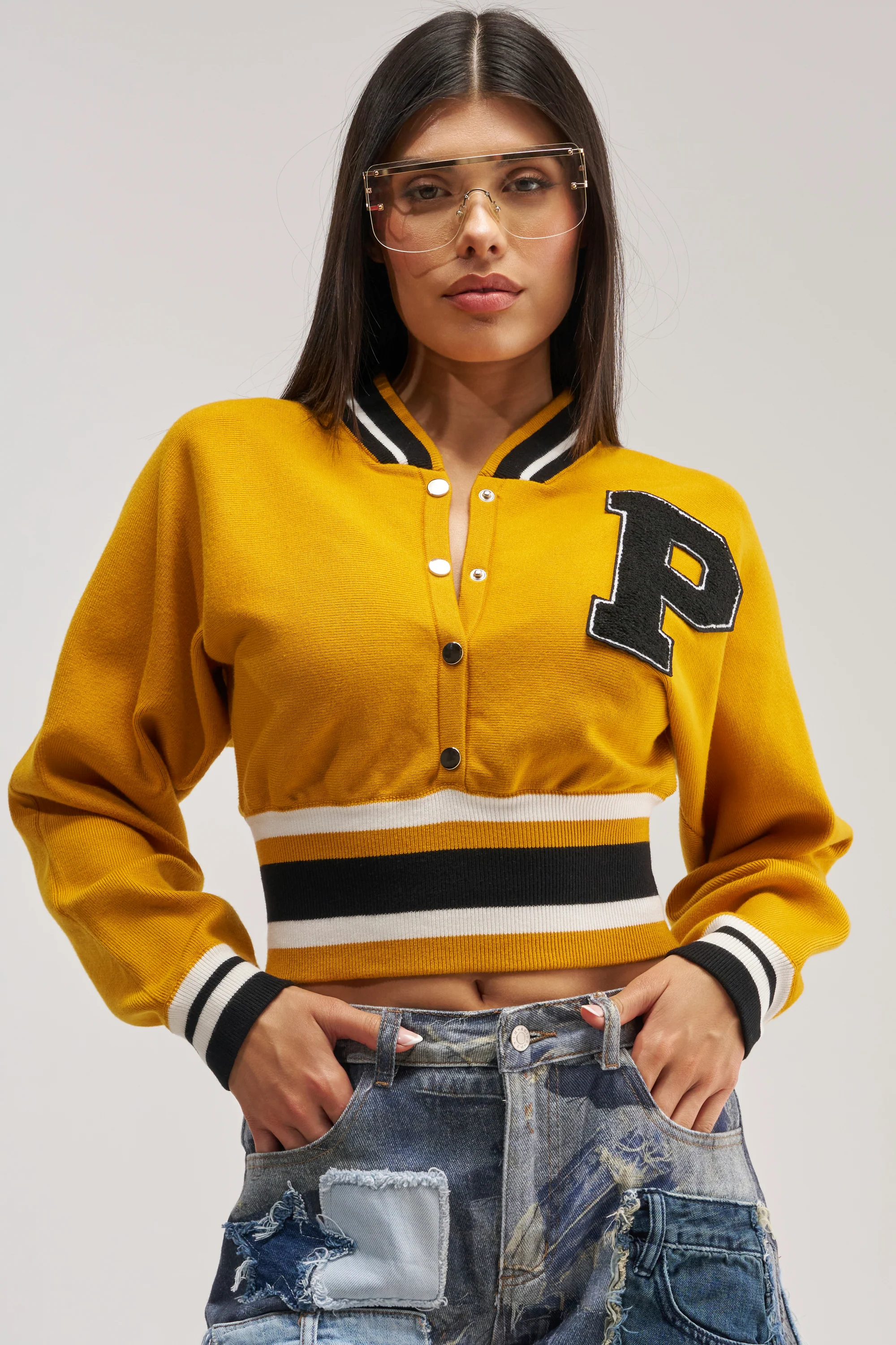 VARSITY TEAM BUTTON DOWN SWEATER IN MUSTARD - Akira Store