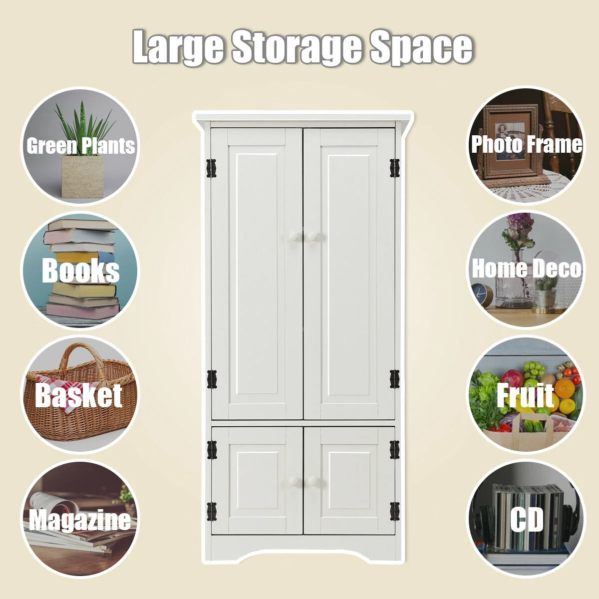 Accent Storage Cabinet Adjustable Shelves Antique 2 Door Floor Cabinet Cream White(Cream White) - Image 7