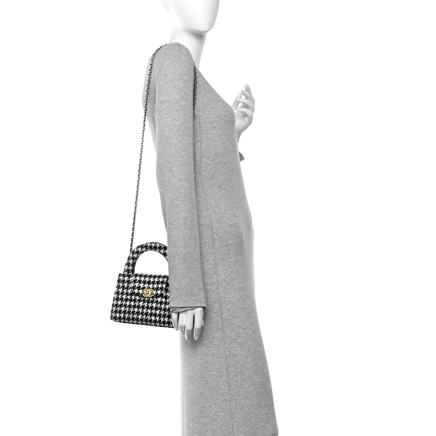 Tweed Houndstooth Quilted Nano Kelly Shopper Black White