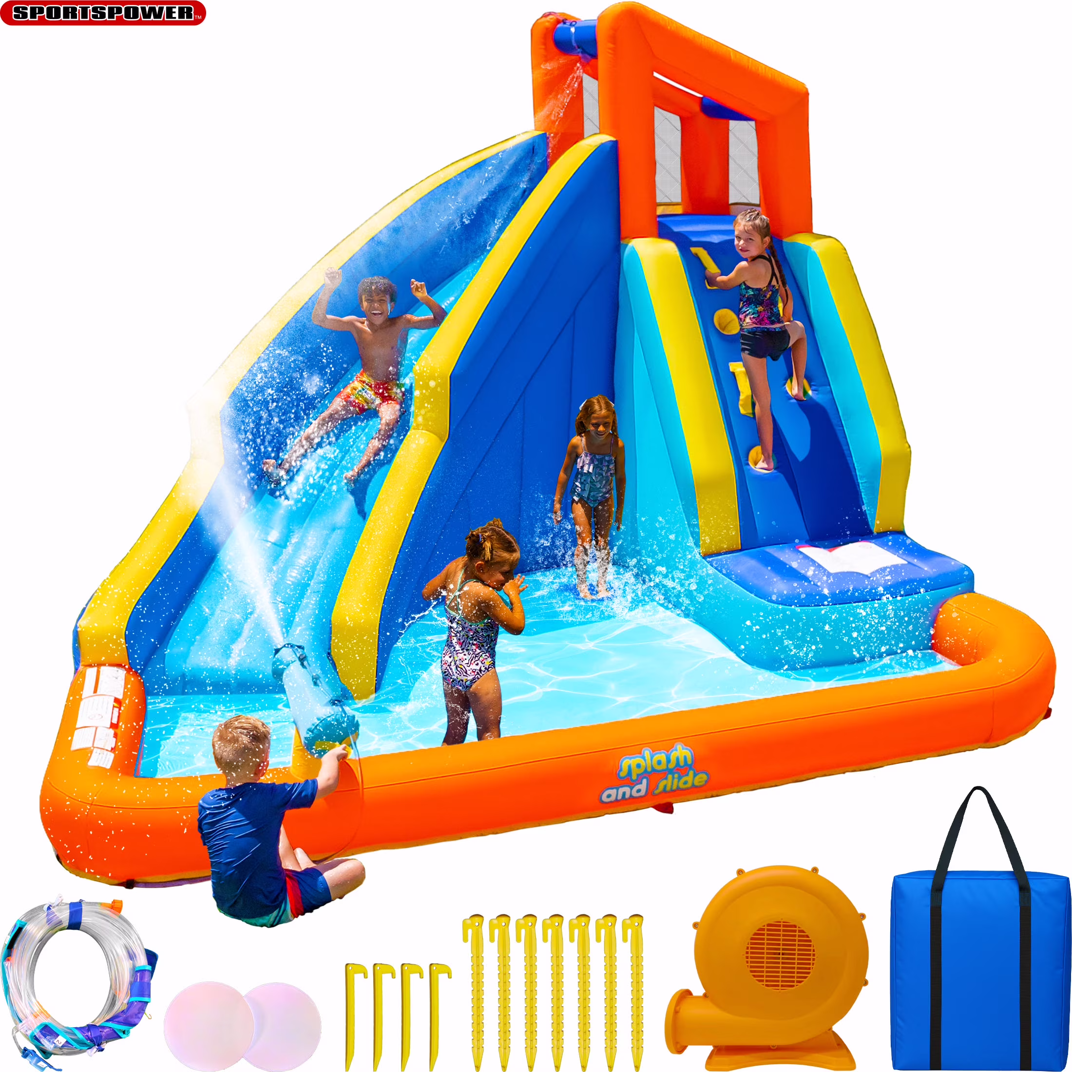 Sportspower�?big Wave II Inflatable Water Slide with Climbing Wall & Splash Pool, Ages 3 - 8, Heavy Duty, ASTM Certified, Lifetime Warranty on Included Blower