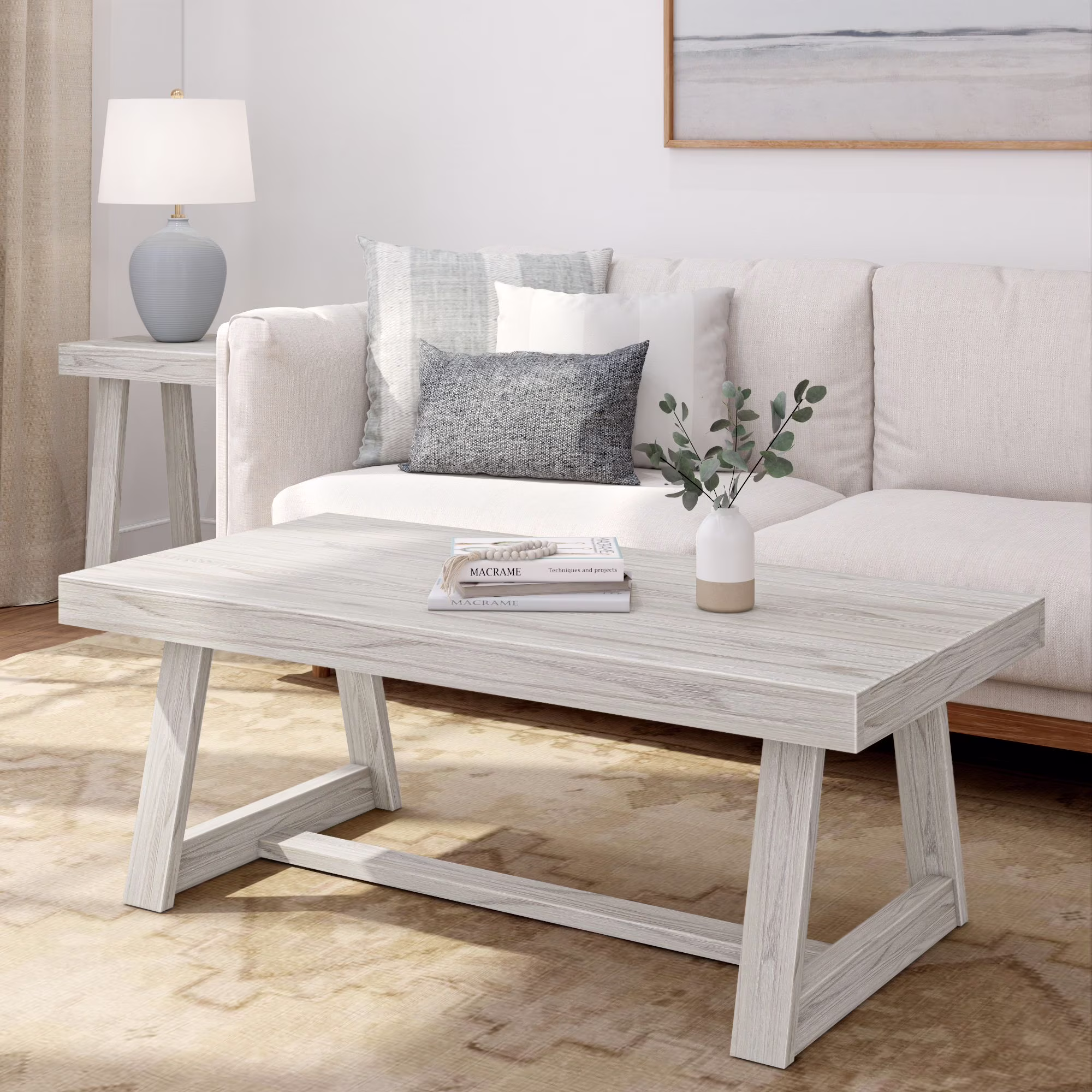 Farmhouse Coffee Table, 48" Solid Wood Tables for Living Room, Rectangular Center Table(White Sand Wirebrush)